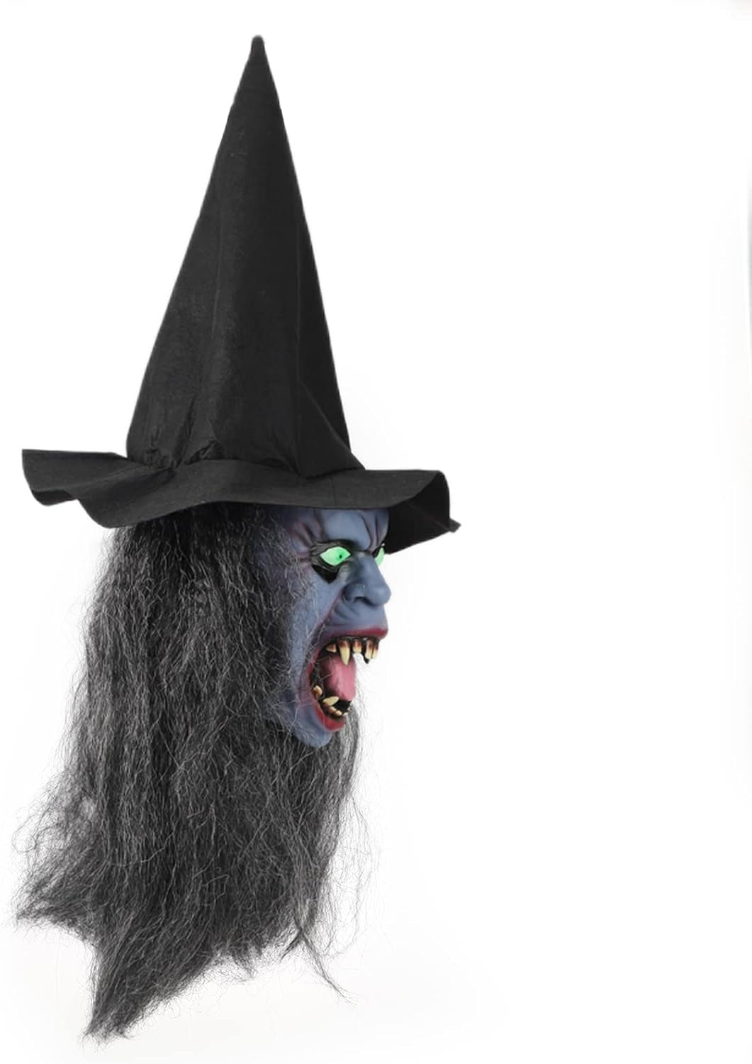 Witch Halloween Mask Latex Witch Mask with Black Hair and Hat, Scary Horror Cosplay Costume Masks Old Witch Dress up for Men Women Party Decoration Props