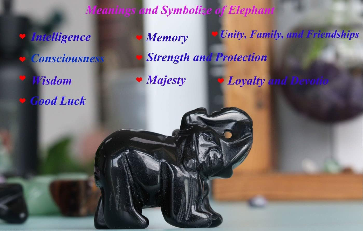 2" Black Obsidian Elephant Decor Healing Crystal Cute Polished Natural Stone Hand-Carved Big Sculpture Statue Figurines Gemstone Energy Hippie Home Room Office Desk Decoration Gifts for Women Men