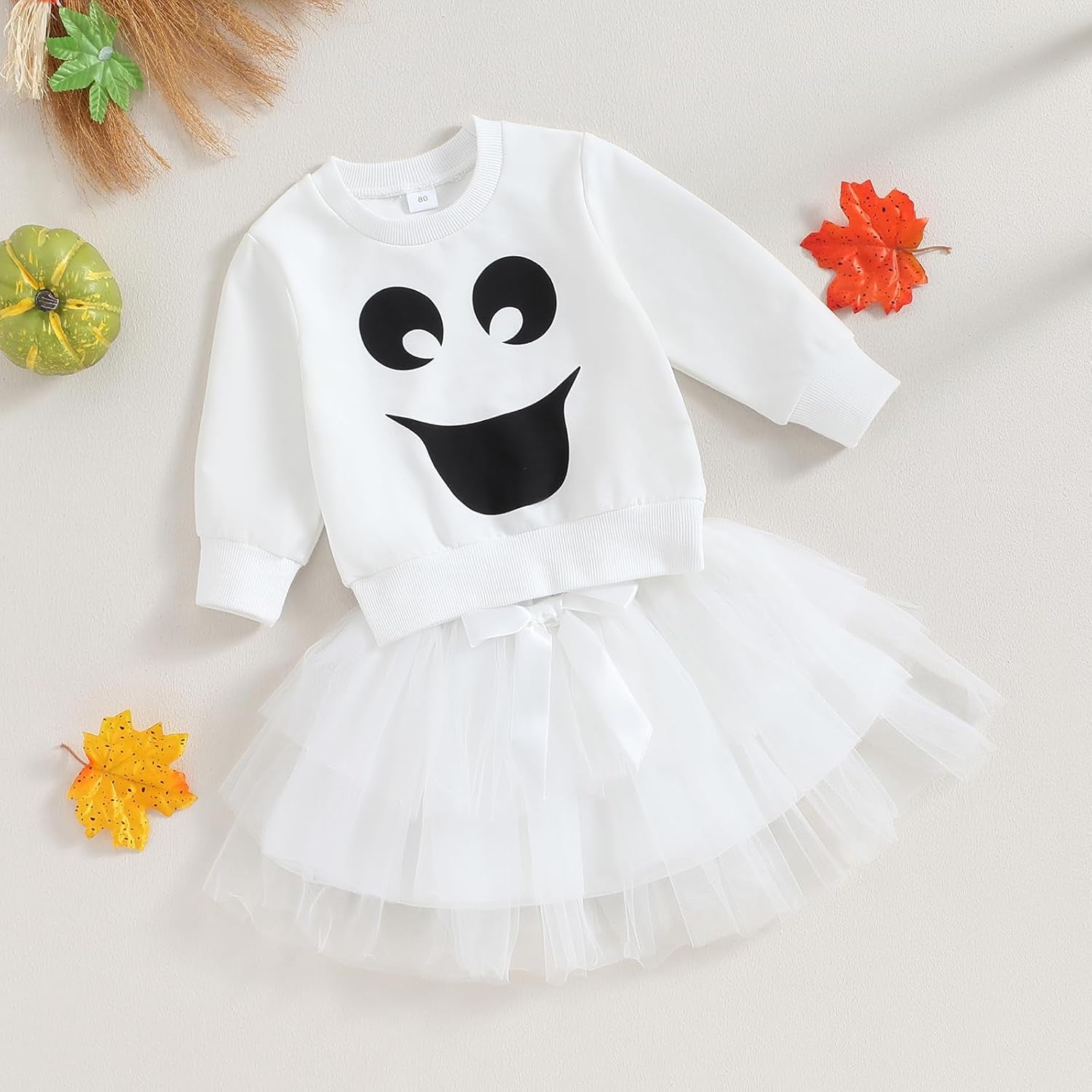 Baby Girl Halloween Costume Ghost Sweatshirt Ruffle Layered Tulle Tutu Dresses Skirt 2Pcs Toddler Kids Clothes
