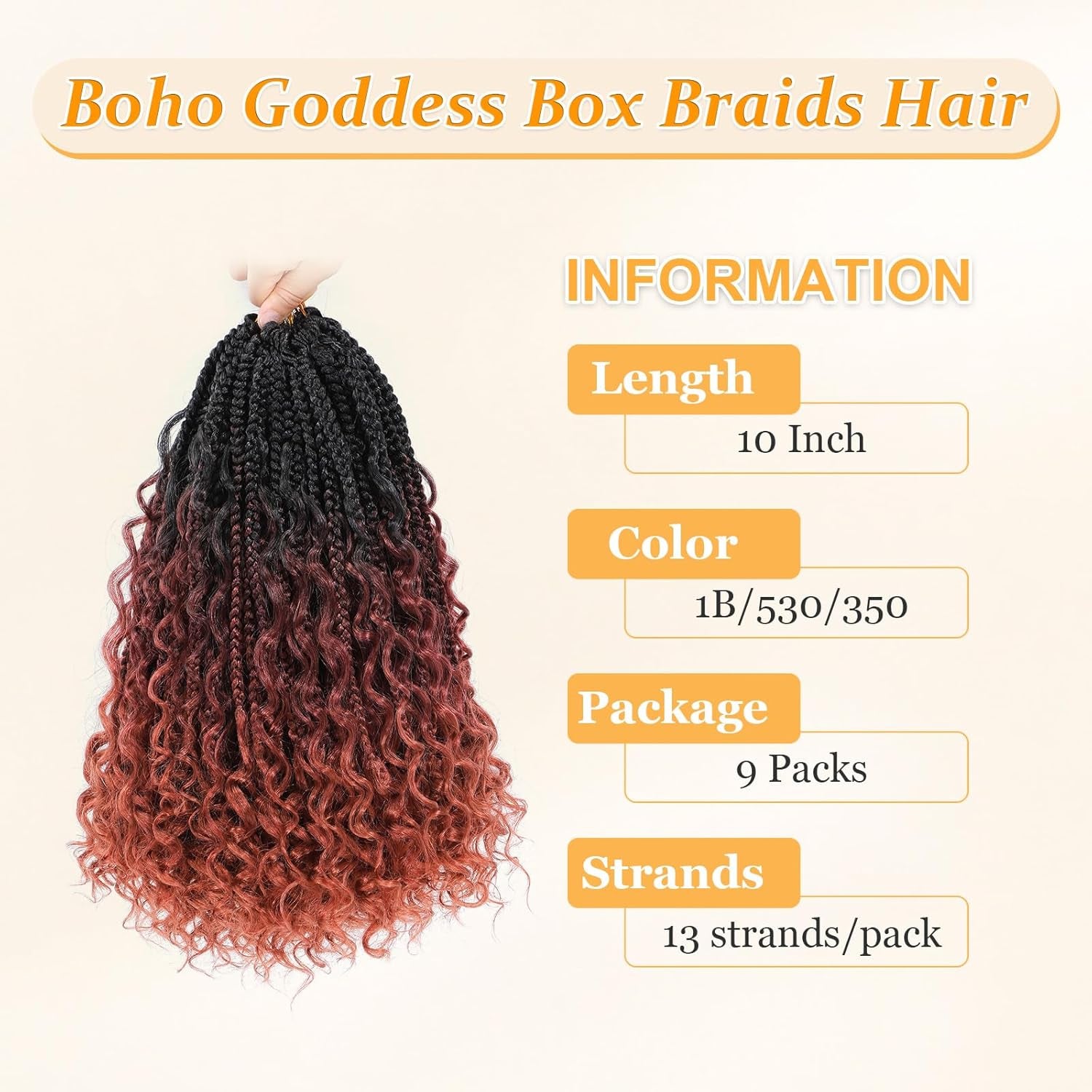Goddess Box Braids Crochet Hair 10 Inch Boho Crochet Box Braids with Curly Ends, 9 Packs Bohomian Box Braids Crochet Hair for Black Women Pre Looped Box Braids Crochet Hair (10Inch,1B/530/350)