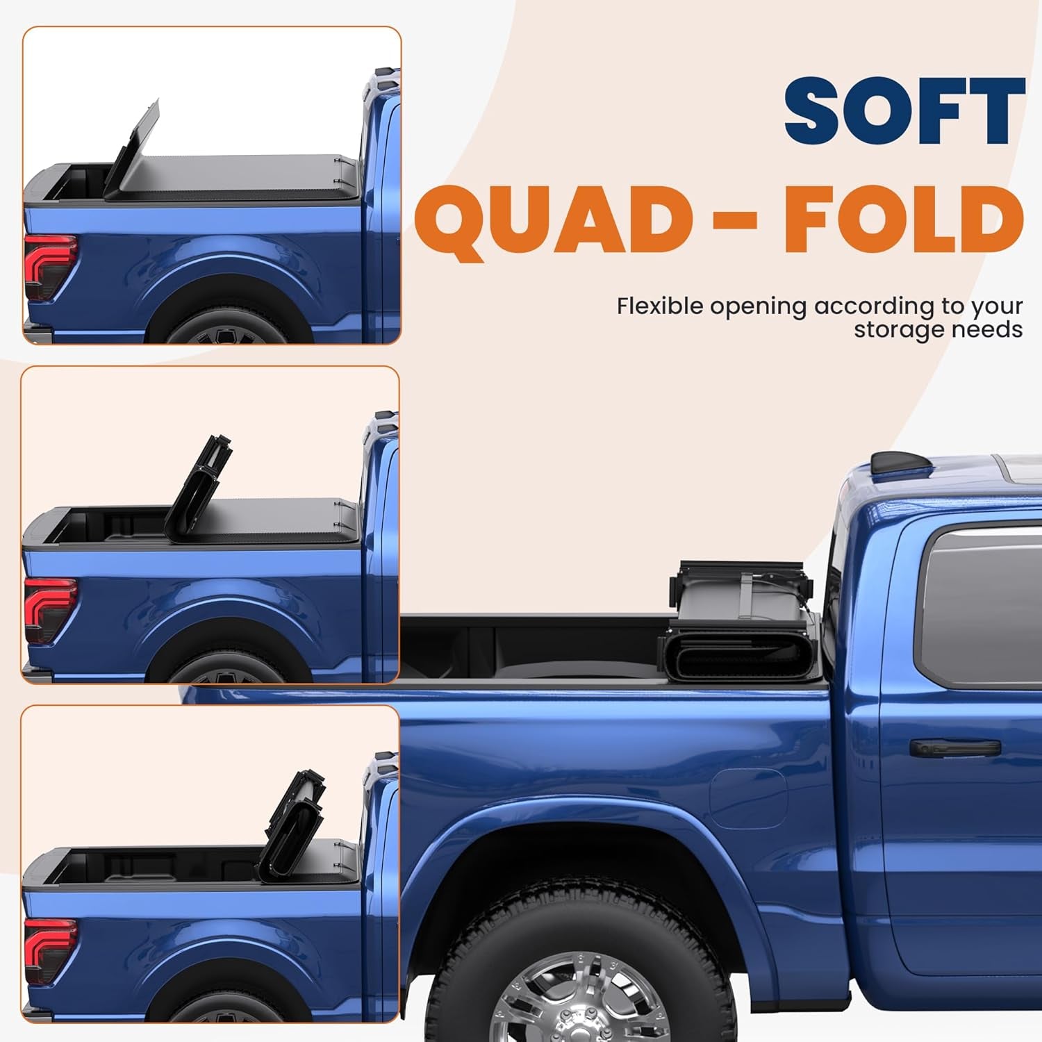 Quad 4-Fold 6.5 FT Soft Folding Truck Bed Tonneau Cover Compatible with 2009-2014 Ford F150 F-150 Styleside Fourth Fold (Excl Raptor Series) without Utility Track System Truck Bed Cover