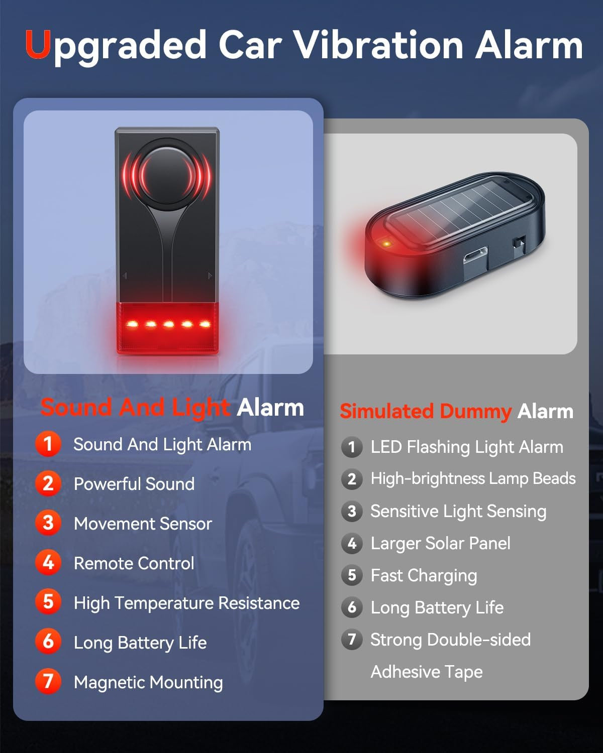Car Anti-Theft Vibration Alarm,  108Db Car Vibration Sound & Light Alarm, Wireless Remote Vibration Sensor Car Alarm Vehicle Security Alarm System Automotive Warning Interior Safety Red Light