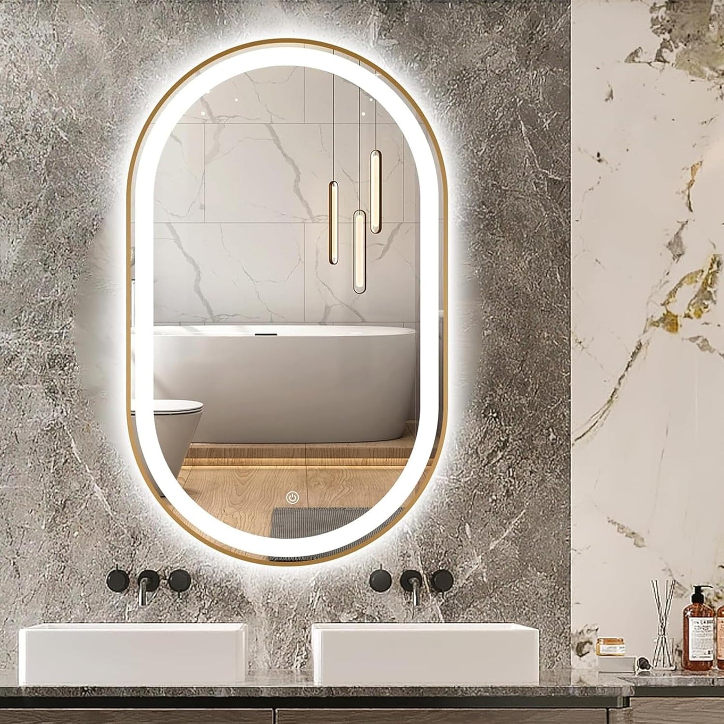 Oval LED Bathroom Mirror, 33"X20" Lighted Wall Mounted Vanity Mirror with Metal Frame, Anti-Fog IP66 Waterproof Smart Mirror, Memory Function, (Horizontal or Vertical), Gold