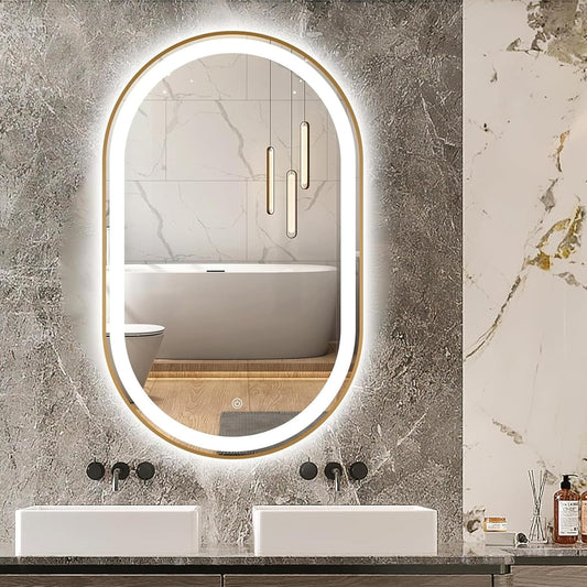 Oval LED Bathroom Mirror, 33"X20" Lighted Wall Mounted Vanity Mirror with Metal Frame, Anti-Fog IP66 Waterproof Smart Mirror, Memory Function, (Horizontal or Vertical), Gold