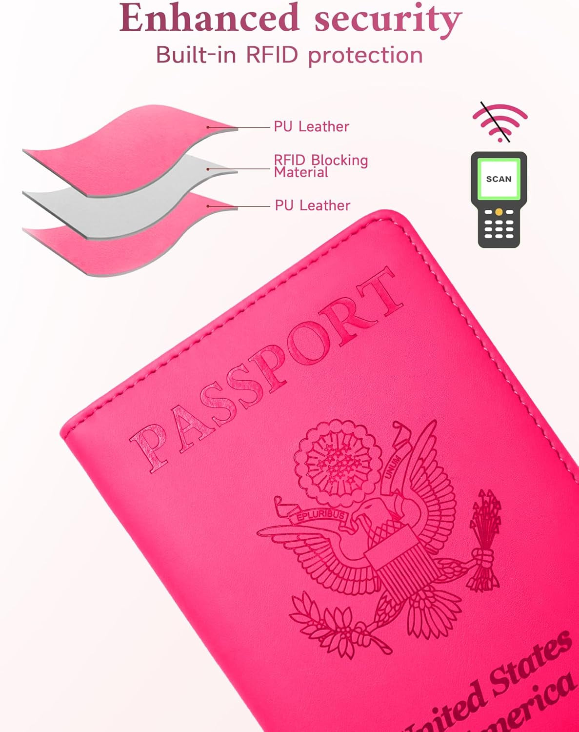 Passport Holder, RFID Blocking Passport Cover Wallet Case with Elastic Strap, Faux Leather Passport Card Holder, Cute Travel Essentials for Women Men Family, Hot Pink TLBH