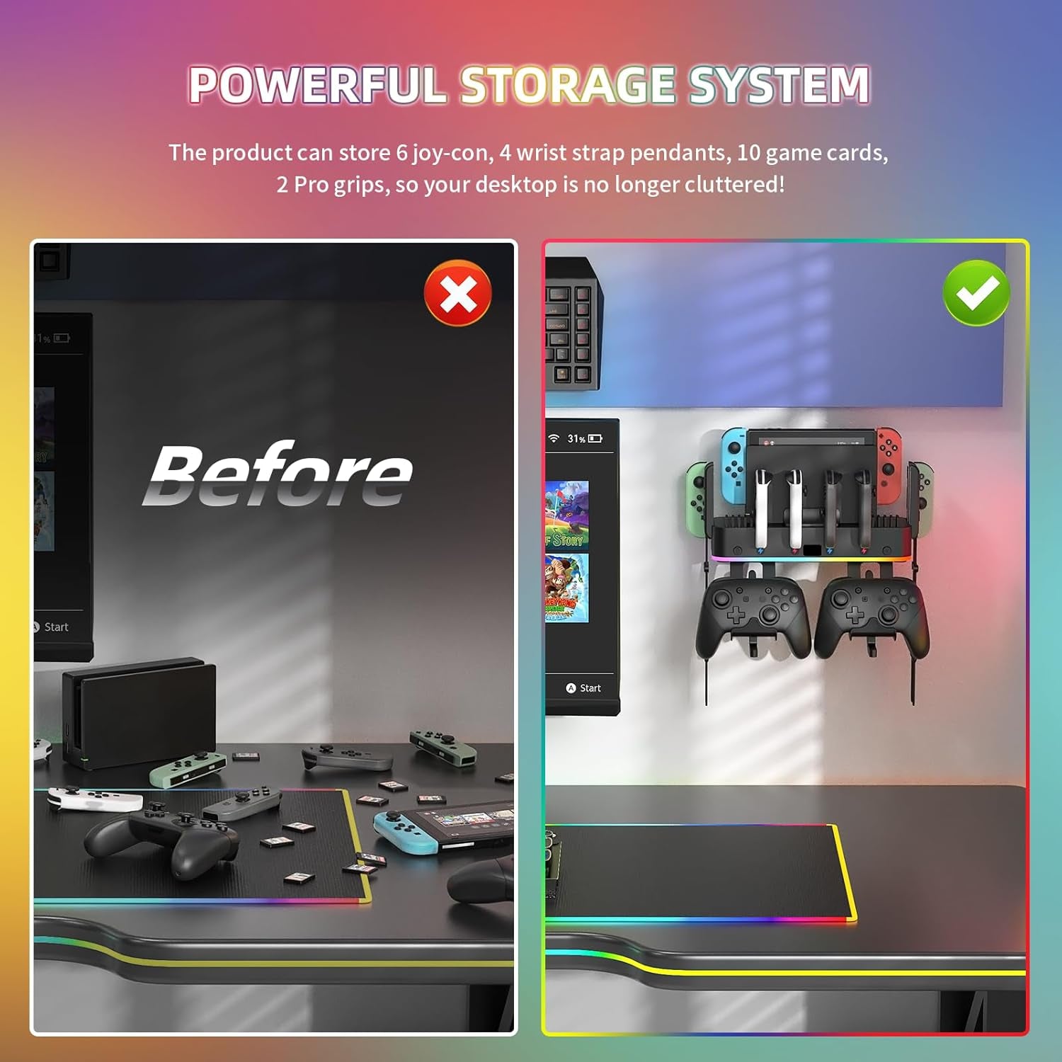 RGB Switch Wall Mount for Joy-Con Charger, Switch Holder for Nintendo Switch / OLED with Switch Organizer, Switch Accessories with 15 Light Mode, 4 Controller Charger, 2 USB Port, 10 Card Slot