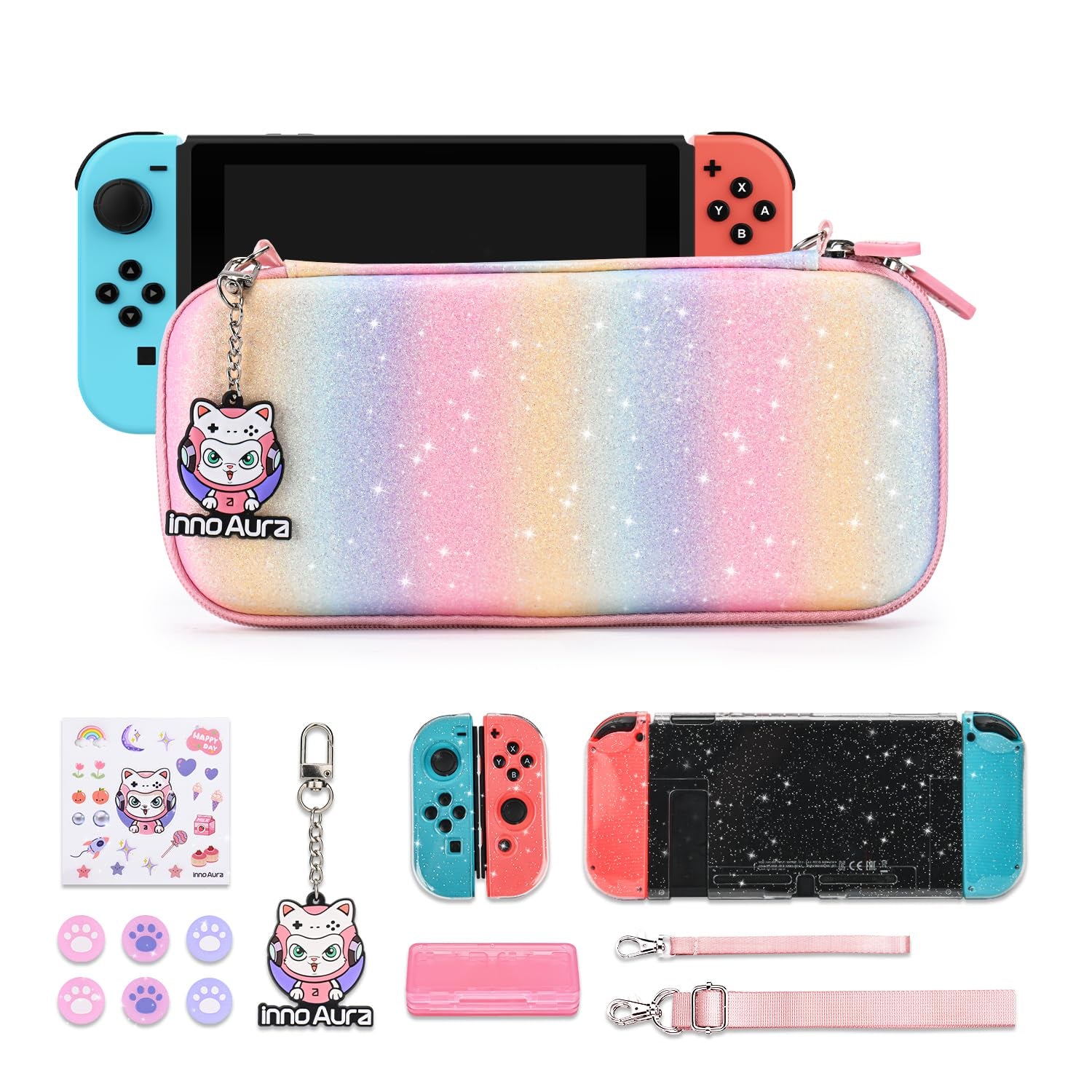 Switch Case for NS Switch, Innoaura 17 in 1 Switch Accessories Bundles with Switch Carrying Case, Switch Game Case, Switch Protective Case, Switch Screen Protector, Switch Thumb Caps (Mermaid Pink)