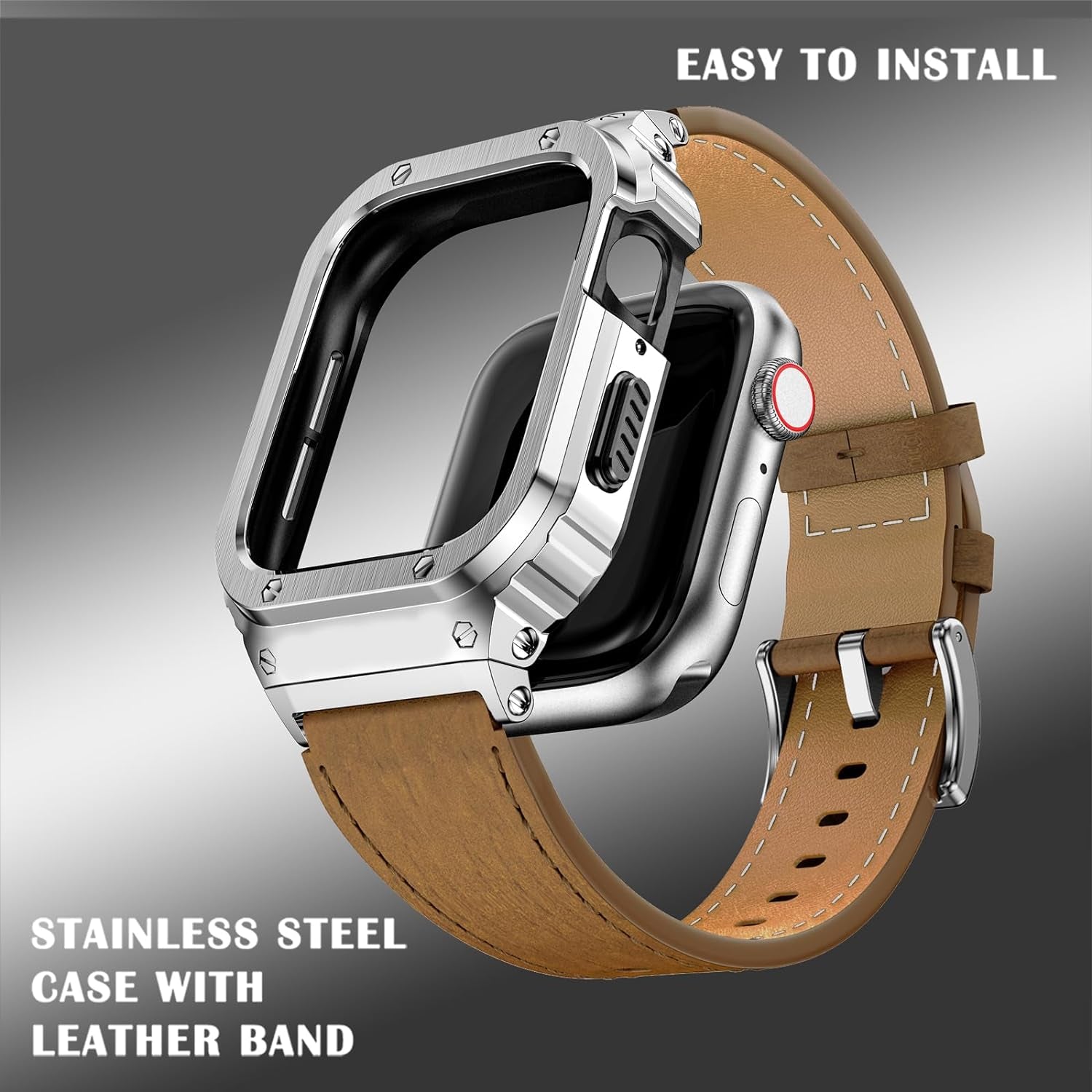Stainless Steel Case and Bands Compatible with Apple Watch Band 38Mm 40Mm 41Mm 42Mm 44Mm 45Mm 49Mm,Leather Strap Rugged Cover for Iwatch Series Ultra 9 8 7 6 5 4 3 2 1 SE