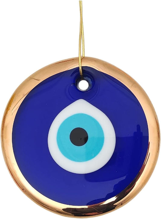 3.5" Glass Blue Evil Eye Wall Hanging Gold Ornament - Turkish Nazar Bead - Home Protection Charm - Gold Wall Decor Amulet in a Box (Medium)