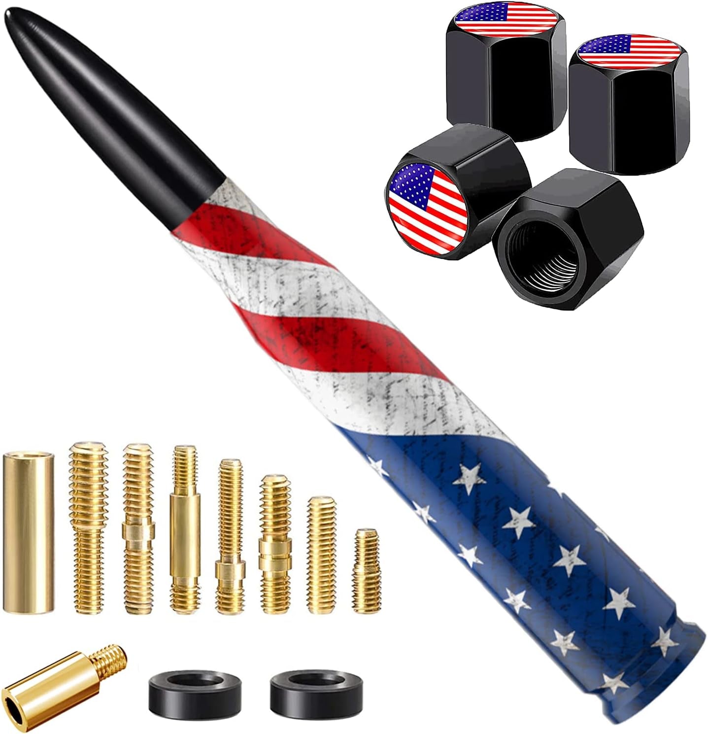 American Flag Car Truck Antenna with Valve Stem Caps, Universal Mast for GM Chevy Silverado 1500 2500 3500 HD Avalanche Ford F150 F250 F350 Denali Heavy Duty Pickup Trucks Accessories (Black)