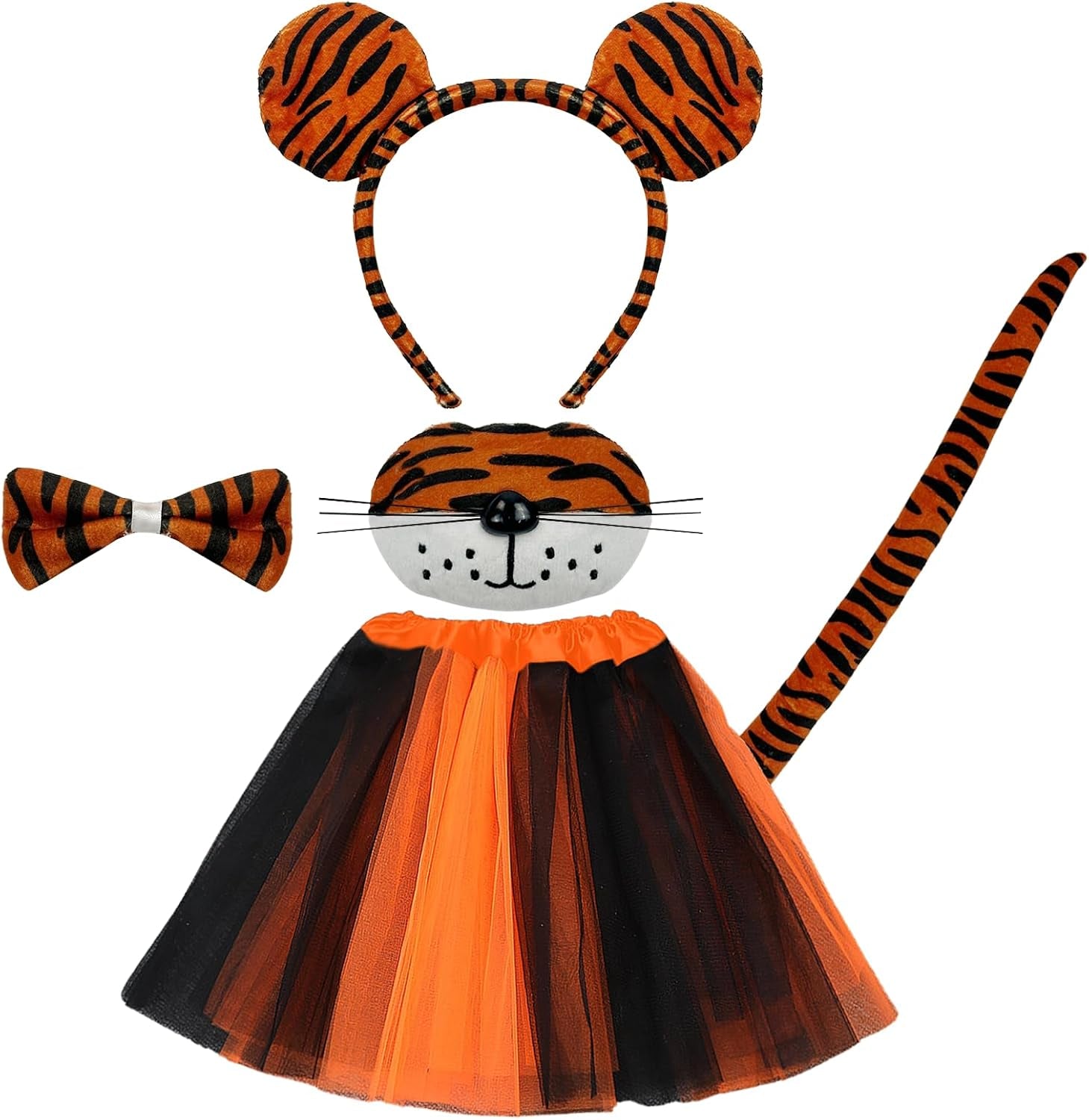 5 Pieces Tiger Costume Set, Tiger Ear Headband Tail Nose Bow Tie Tutu Skirt for Halloween Costume Cosplay Party Decoration