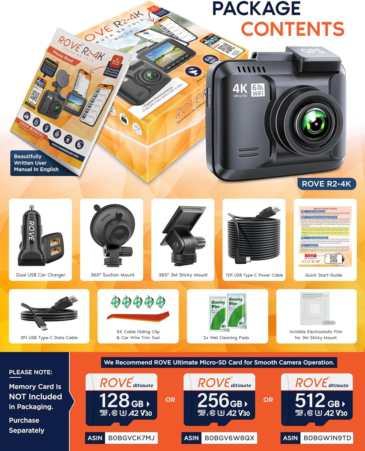 R2-4K Dash Cam Built-In Wifi GPS Car Dashboard Camera Recorder with UHD 2160P, 2.4" IPS Screen, 150° Wide Angle, WDR, Night Vision