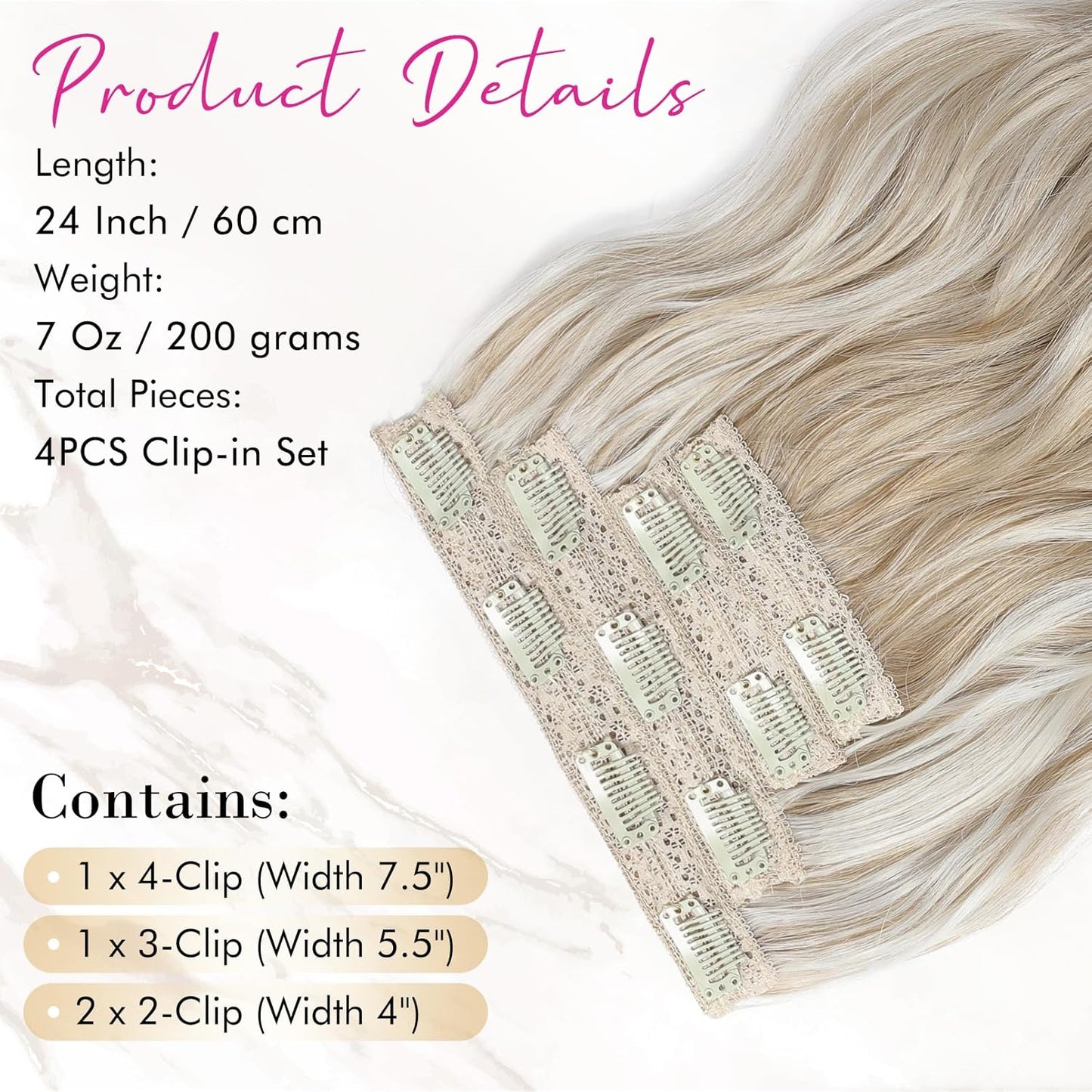 Clip in Hair Extensions, 4PCS Blonde Hair Extensions 24" Thick Long Beach Waves Hair Extensions HE003 Invisible Lace Weft Natural Soft Hairpieces for Women – Ash Blonde with Highlights
