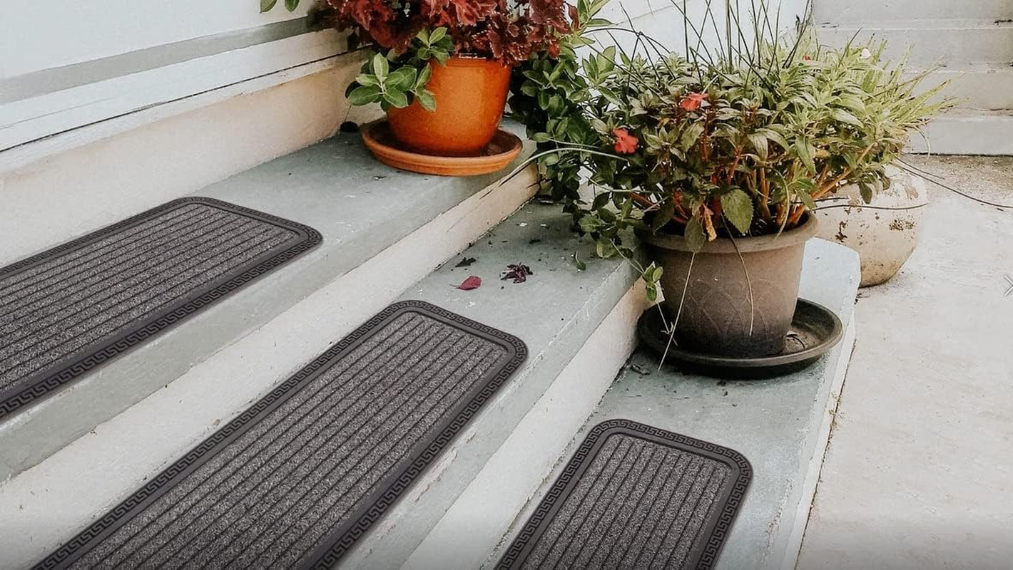 Indoor/Outdoor Hose-Wash Striped Design Non-Slip Rubber 10" X 30" Modern Stair Treads for Stairs, Garage, Patio, 5 Pack, Gray