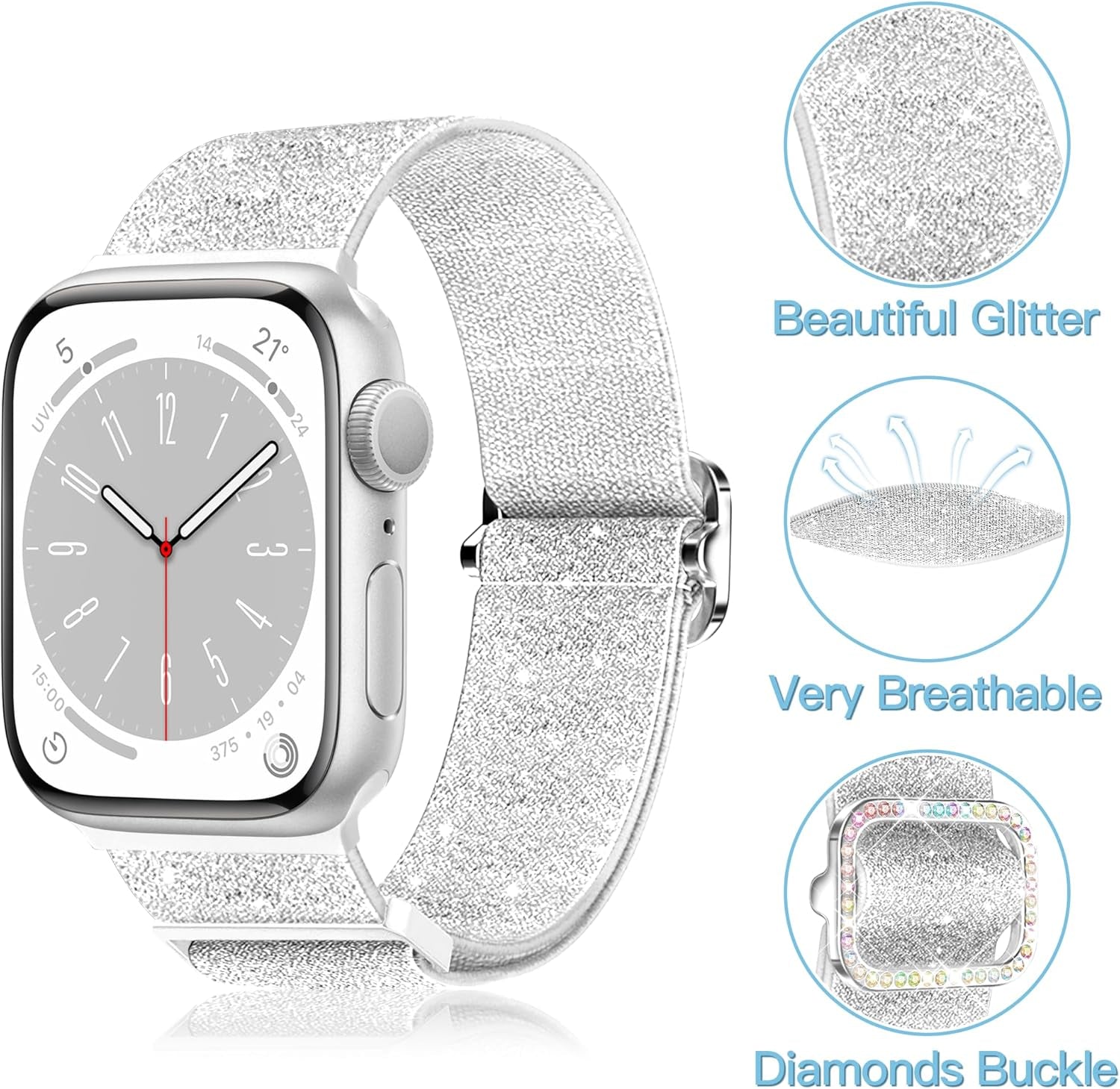 Sparkly Stretchy Nylon Band Fit Bling Apple Watch Bands for Women 42Mm 41Mm 40Mm 38Mm, Elastic Sport Solo Loop Iwatch Bands for Cute Glitter Iphone Watch Band Series 10 9 8 7 6 5 4 3 Se-Silver