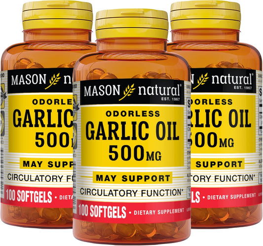 Garlic Oil 500 Mg Odorless Allium Sativum Supplement - Supports Healthy Circulatory Function, 100 Softgels (Pack of 3) TLBH