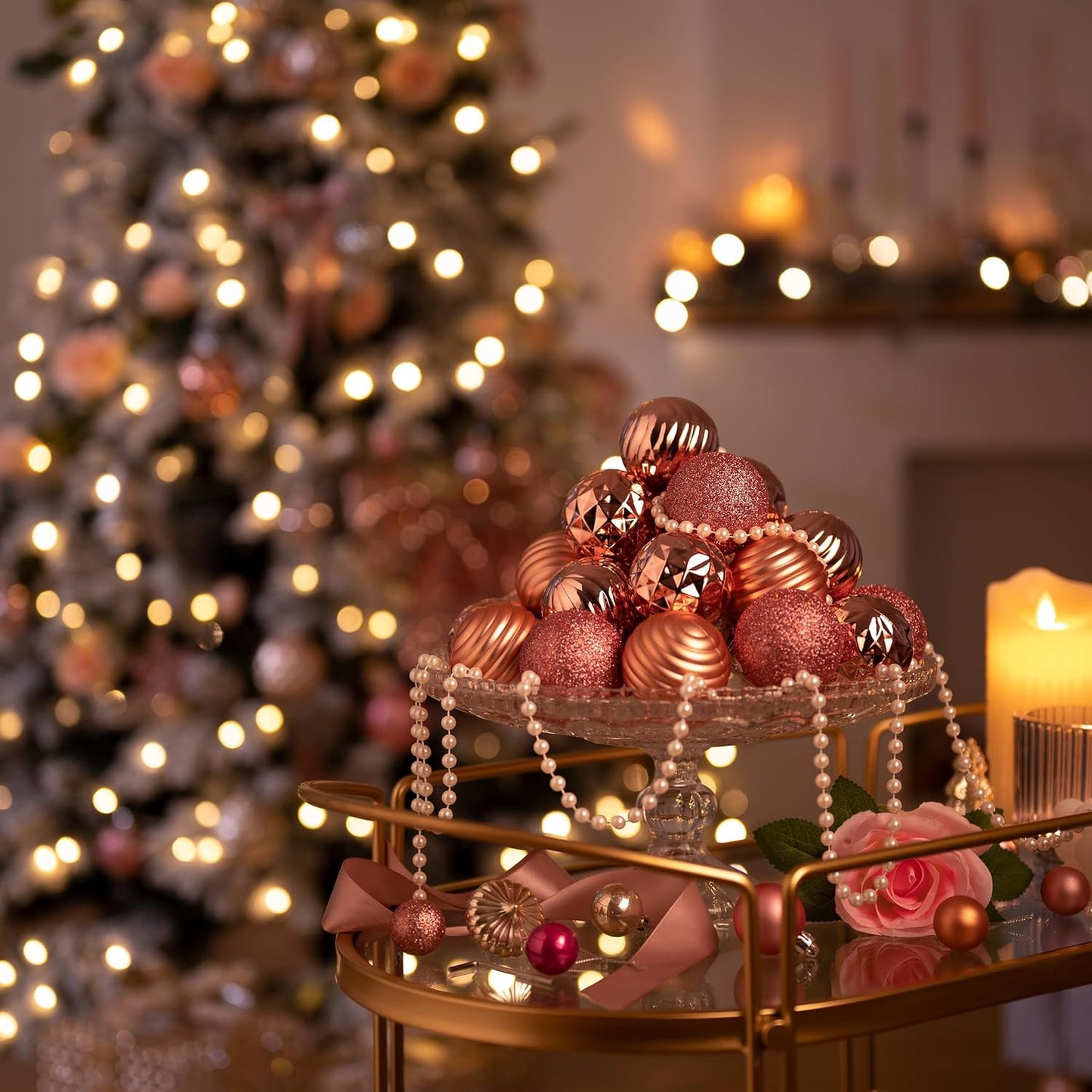 Christmas Tree Decorations Ornament Set for Fall Halloween Decor, 24Ct Rose Gold Shatterproof Ball Ornaments, 2.36 Inches Hanging Ornaments for Xmas Holiday Party