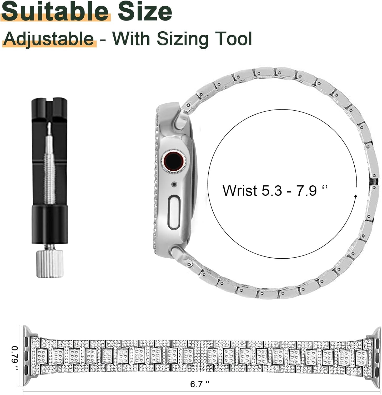 Compatible with Apple Watch Band 38Mm 40Mm 41Mm 42Mm 44Mm 45Mm 49Mm with 2 Pack Case Women, Jewelry Replacement Metal Wristband Strap with Bling PC Protective Case for Iwatch Ultra SE Series 9/8/7/6/5/4/3/2/1