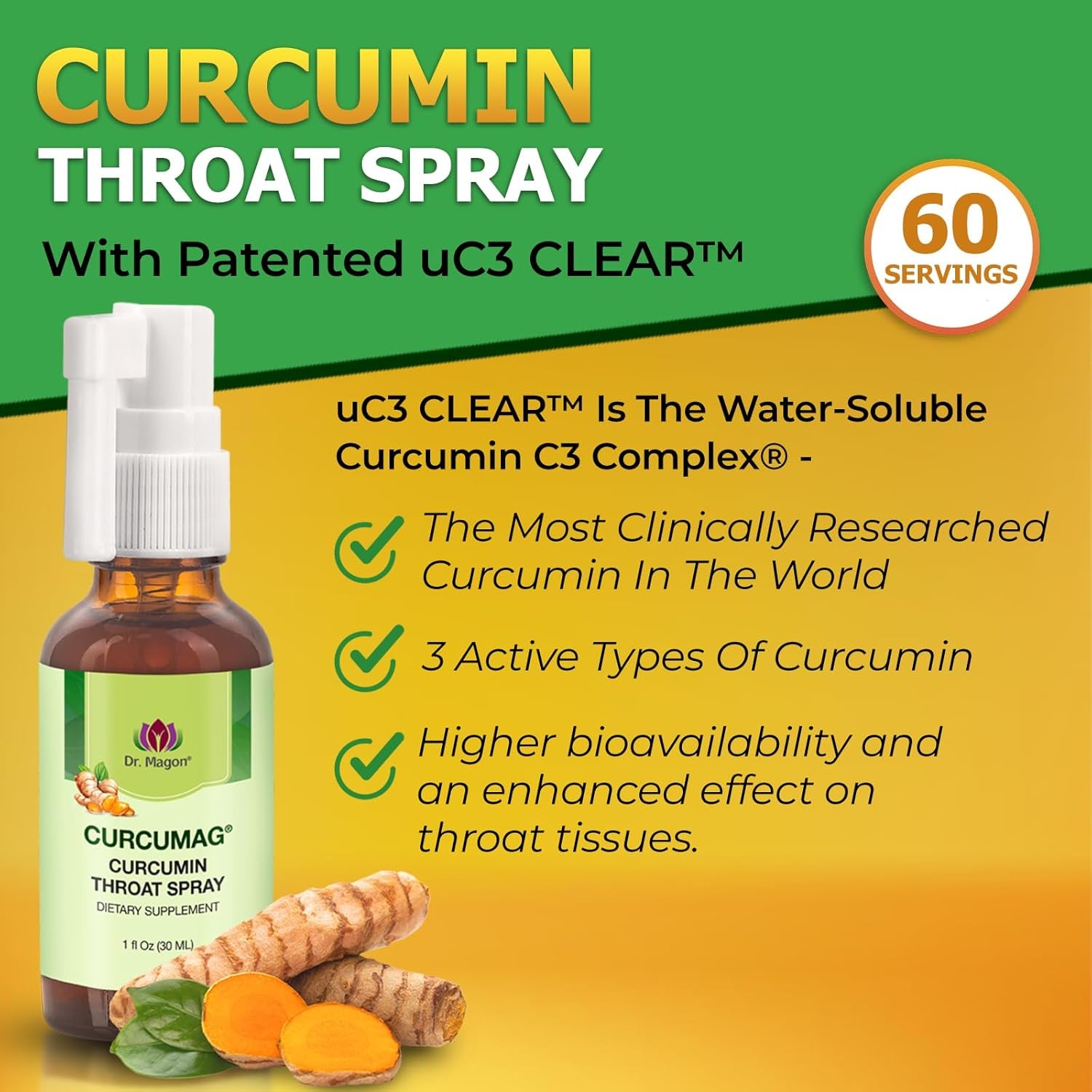 Natural Turmeric Curcumin Throat Spray by Dr. Magon, Throat Calm, Soothing Throat Spray, Immune Support, Extra Strength UC3 Clear Curcuma Longa Dry Extract, 1 Fluid Oz TLBH
