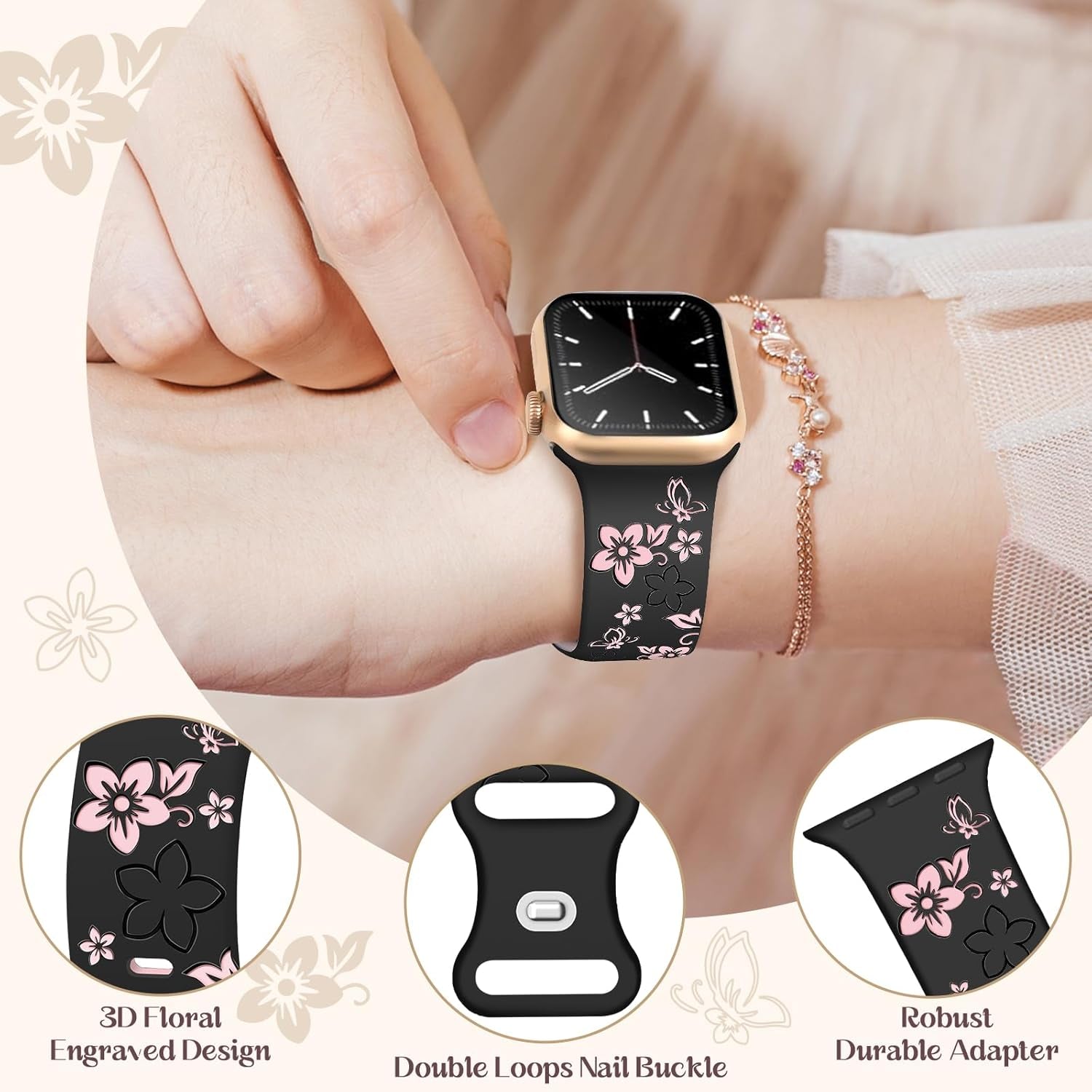 Gold Slim Band Floral Engraved Silicone Band Bundle Compatible with Apple Watch 38Mm 40Mm 41Mm 42Mm 44Mm 45Mm 46Mm 49Mm Women for Iwatch Series 10/9/8/7/6/5/4/3/2/1/Se/Ultra