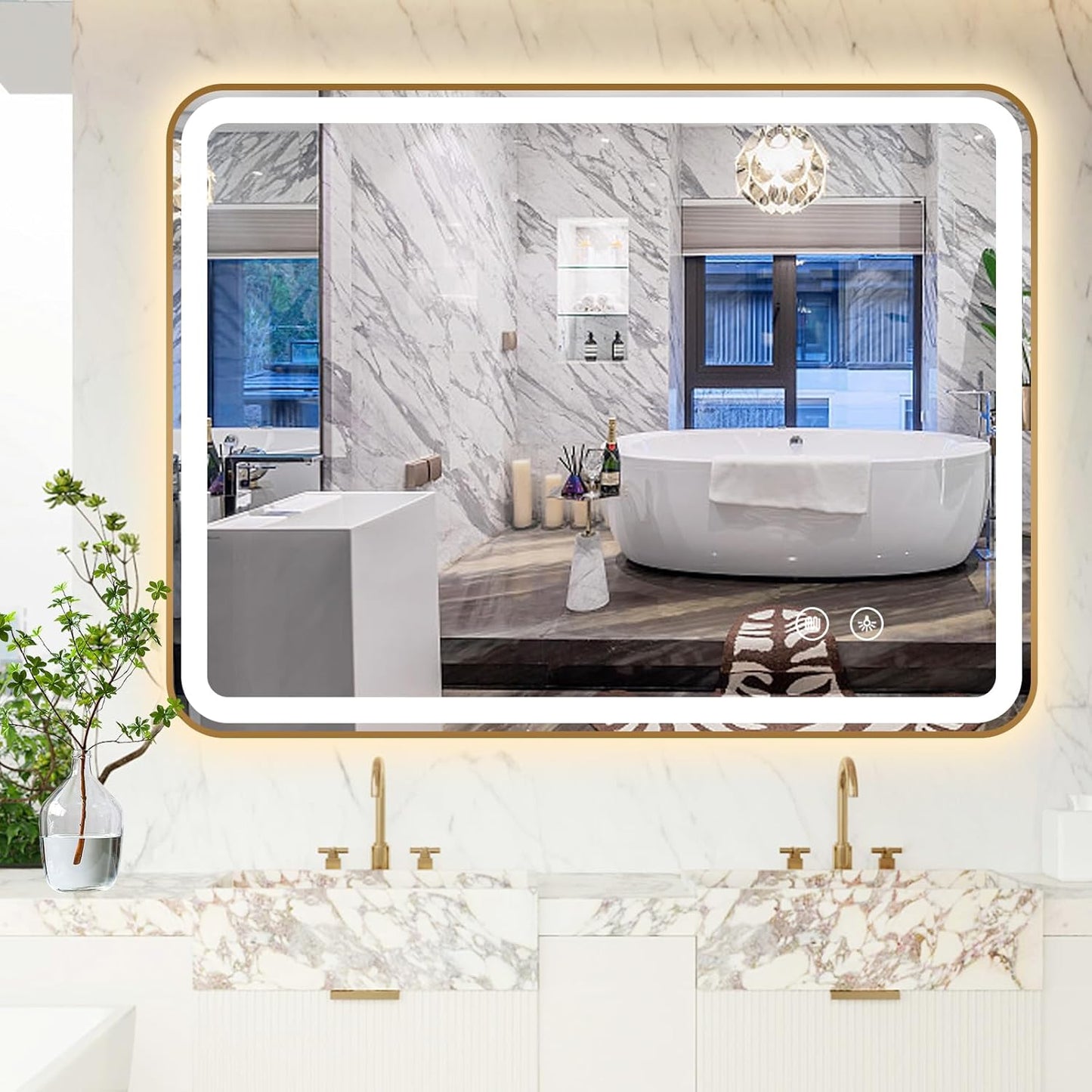 Rectangle LED Bathroom Mirror, 30"X22" Anti-Fog Double Touch Lighted Wall Vanity Mirror 45° Beveled Metal Frame Stepless Adjustable Color Temperature Smart Mirror 3000K-6000K, Gold