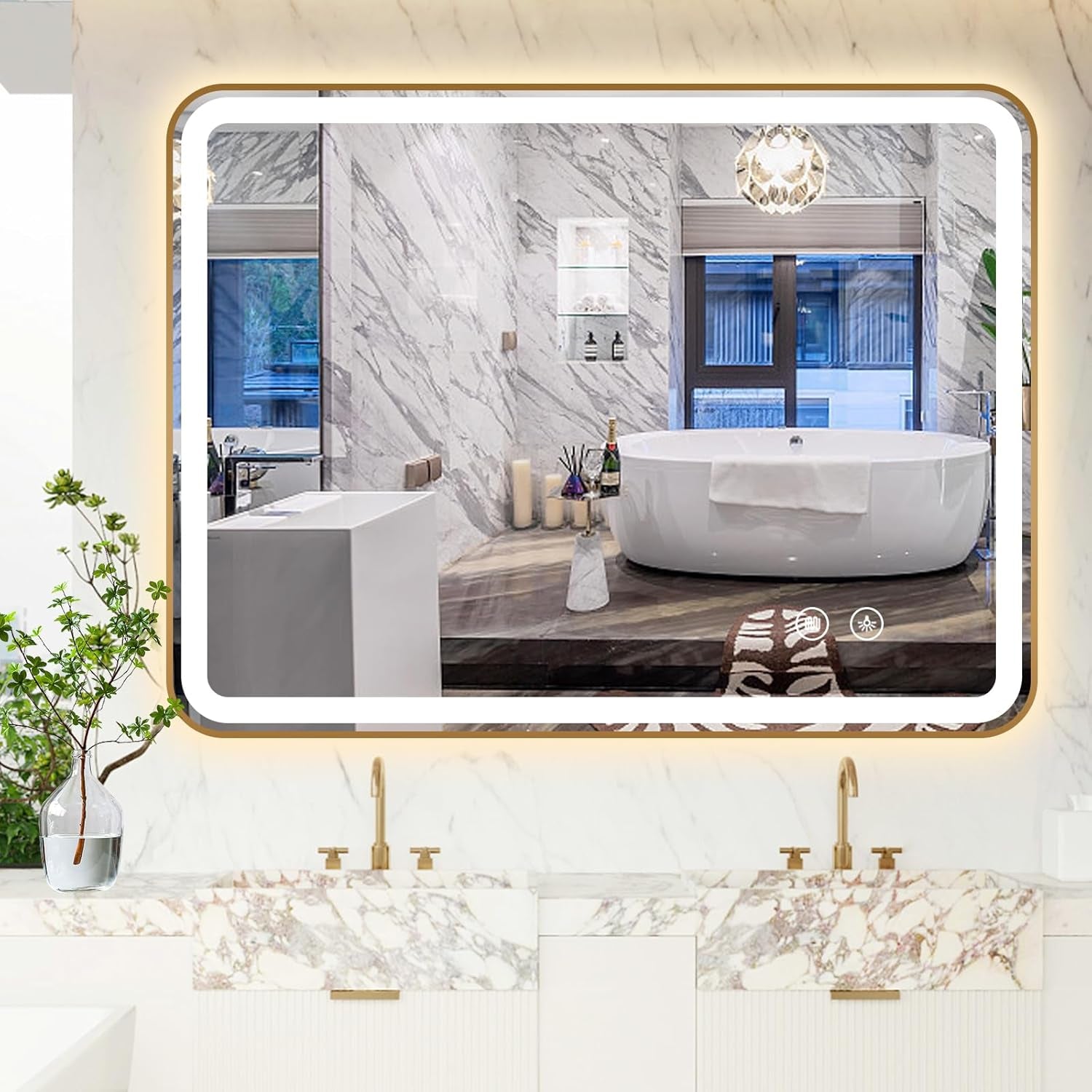 Rectangle LED Bathroom Mirror, 30"X22" Anti-Fog Double Touch Lighted Wall Vanity Mirror 45° Beveled Metal Frame Stepless Adjustable Color Temperature Smart Mirror 3000K-6000K, Gold
