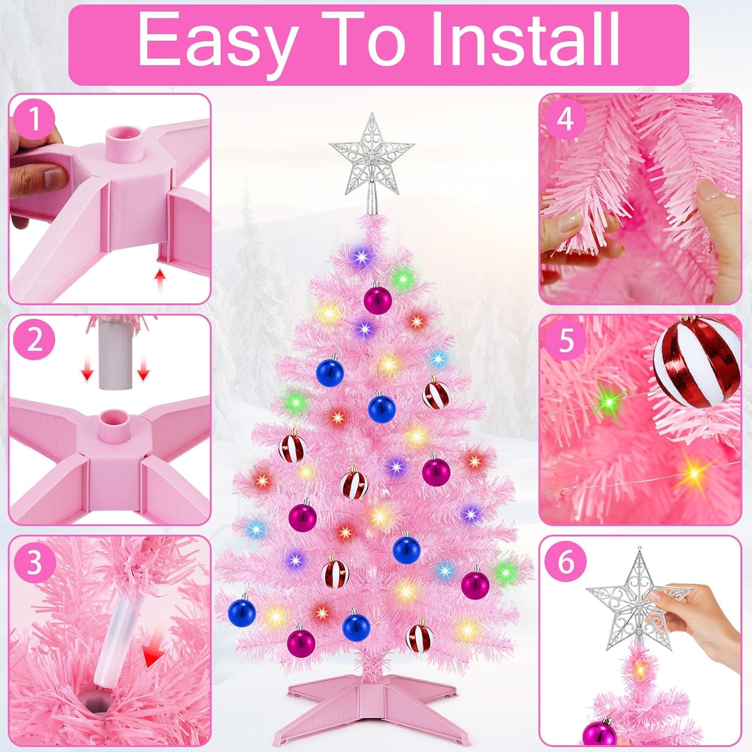 [ Timer & 12 Modes ] 3 Ft Pink Christmas Tree with DIY 50 Warm White Lights 15 Ball Ornaments & 3D Star Battery Operated Small Christmas Tree Indoor Home Tables Holiday Xmas Christmas Decorations