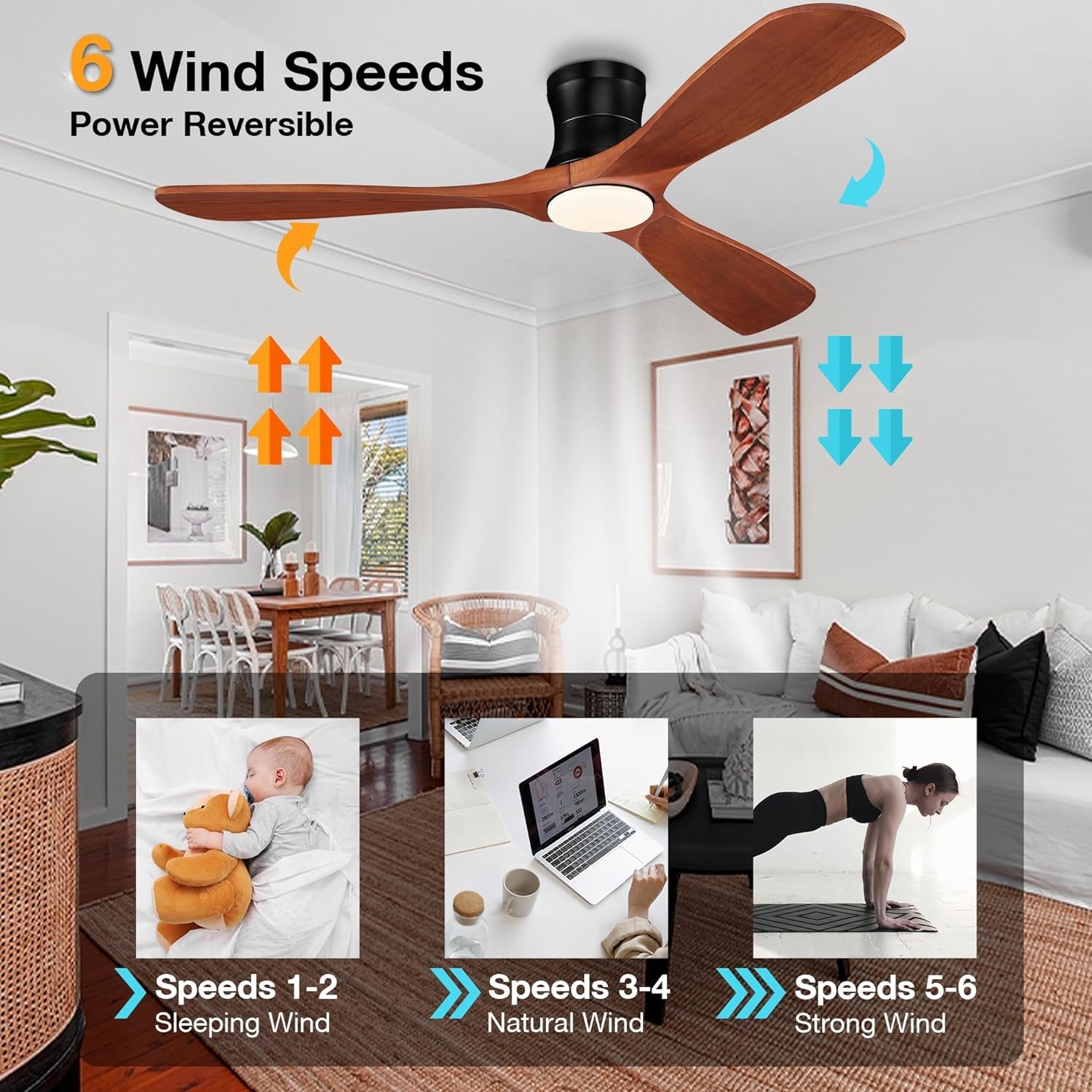 Smart 52” Wood Flush Mount Ceiling Fans with Lights Remote,Quiet DC Motor,Outdoor Indoor Low Profile Ceiling Fan,Voice Contorl with WIFI Alexa App Control,Modern Fan for Bedroom Patio