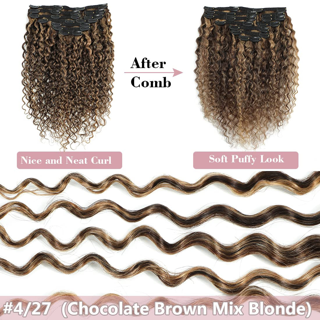 Human Hair Clip in Extensions for Black Women 4/27 Water Wavy Curly Clip in Hair Extensions Real Human Hair 4/27 Chocolate Brown Mix Blonde  Highlight Clip Ins Natural Hair 10Pcs/120G