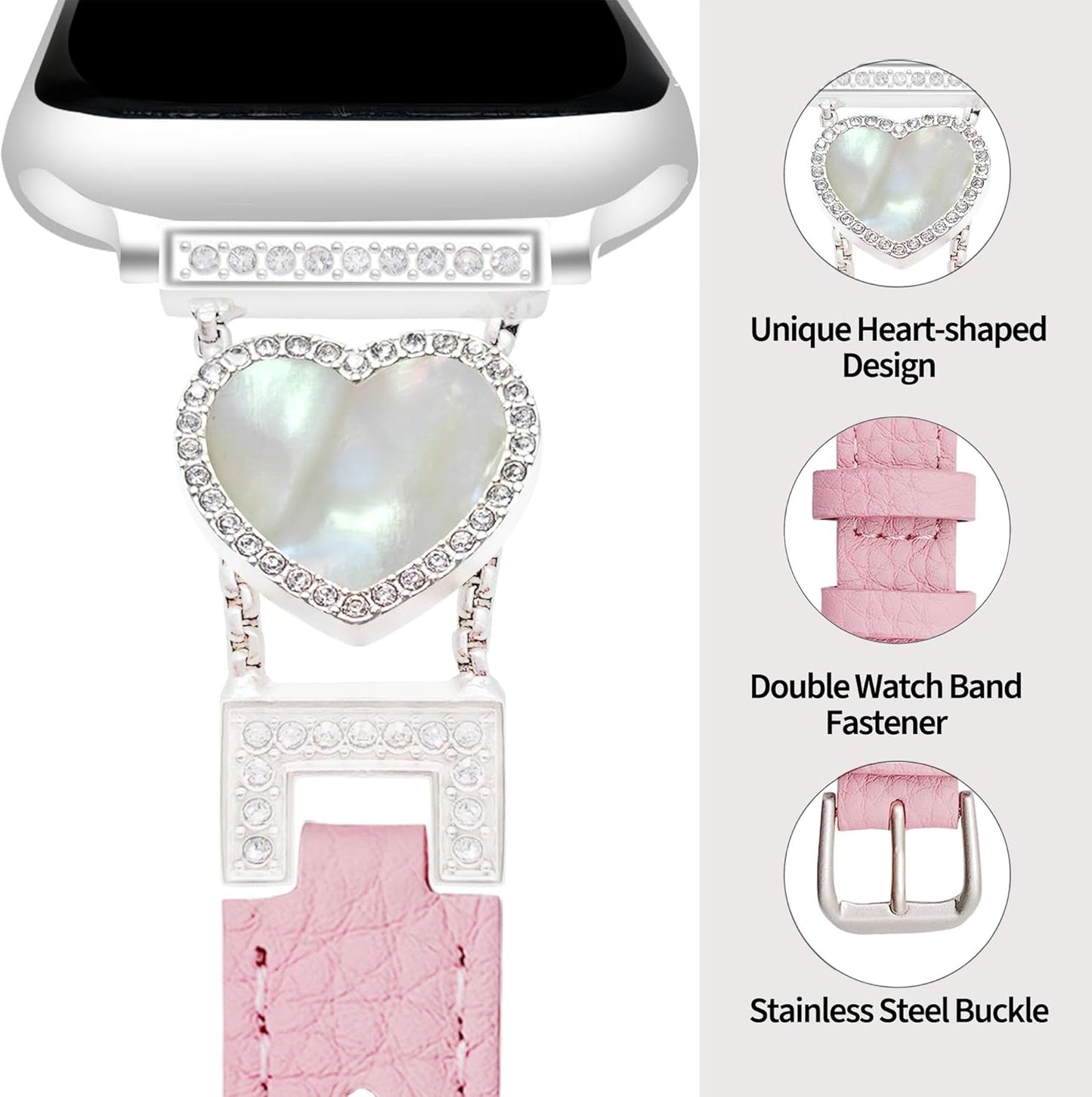 Leather Band Compatible with Apple Watch Bands for Women 38/40/41/42/44/45/46/49Mm, Dressy Heart-Shape Designer Leather Strap with Diamond for Iwatch Band Series 10 9 Ultra SE 8 7 6 5 4 3 2 1
