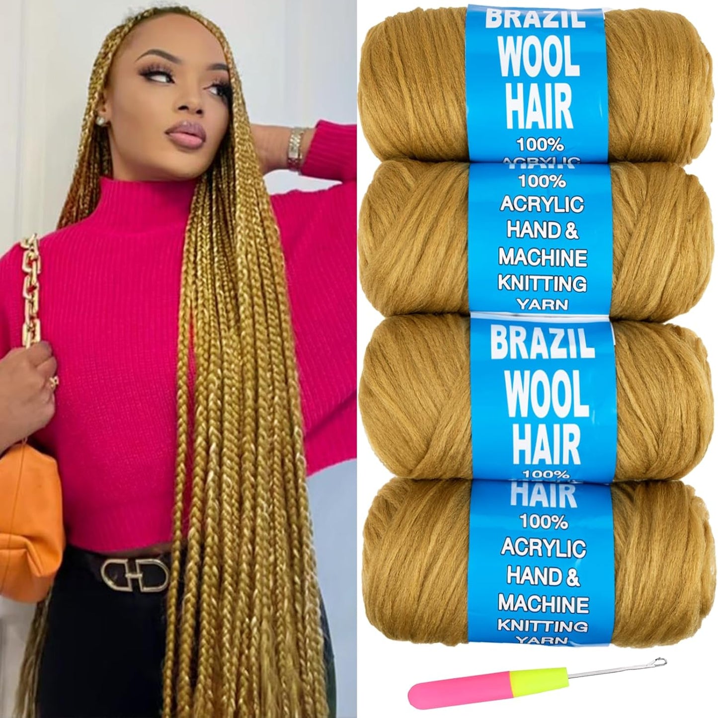 4 Pcs Blonde Brazilian Wool Hair for Braids Acrylic Hand Knitting Yarn for Hair Braiding Hair Extension Crochet Braid Senegalese Twisting Jumbo Braids Faux Locs Crochet Hair Extension(#27)