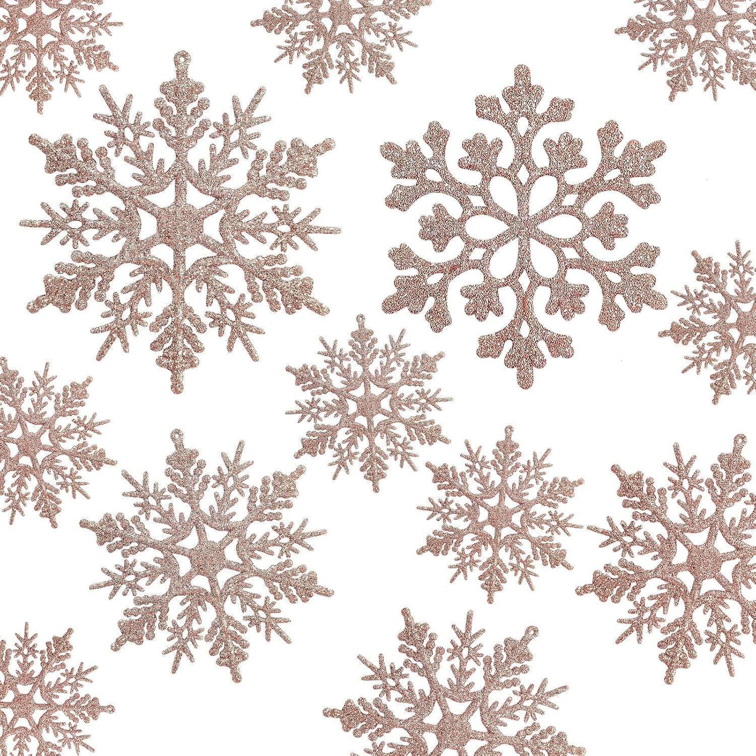 36Pcs Christmas Rose Gold Snowflake Ornaments Plastic Glitter Snow Flakes Ornaments for Winter Christmas Tree Decorations Size Varies Craft Snowflakes