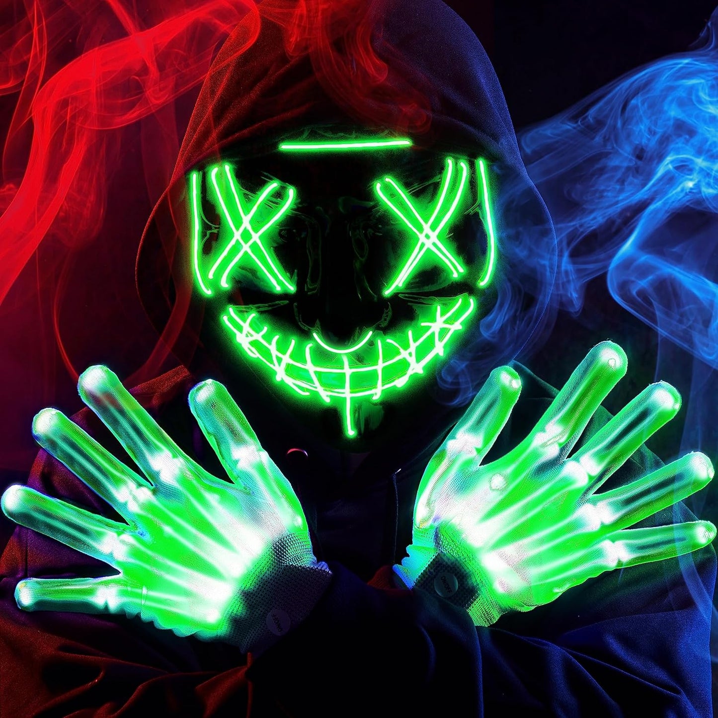 Halloween Led Mask Light up Scary Mask and Gloves Cosplay Costume (Green), Glow in the Dark Mask