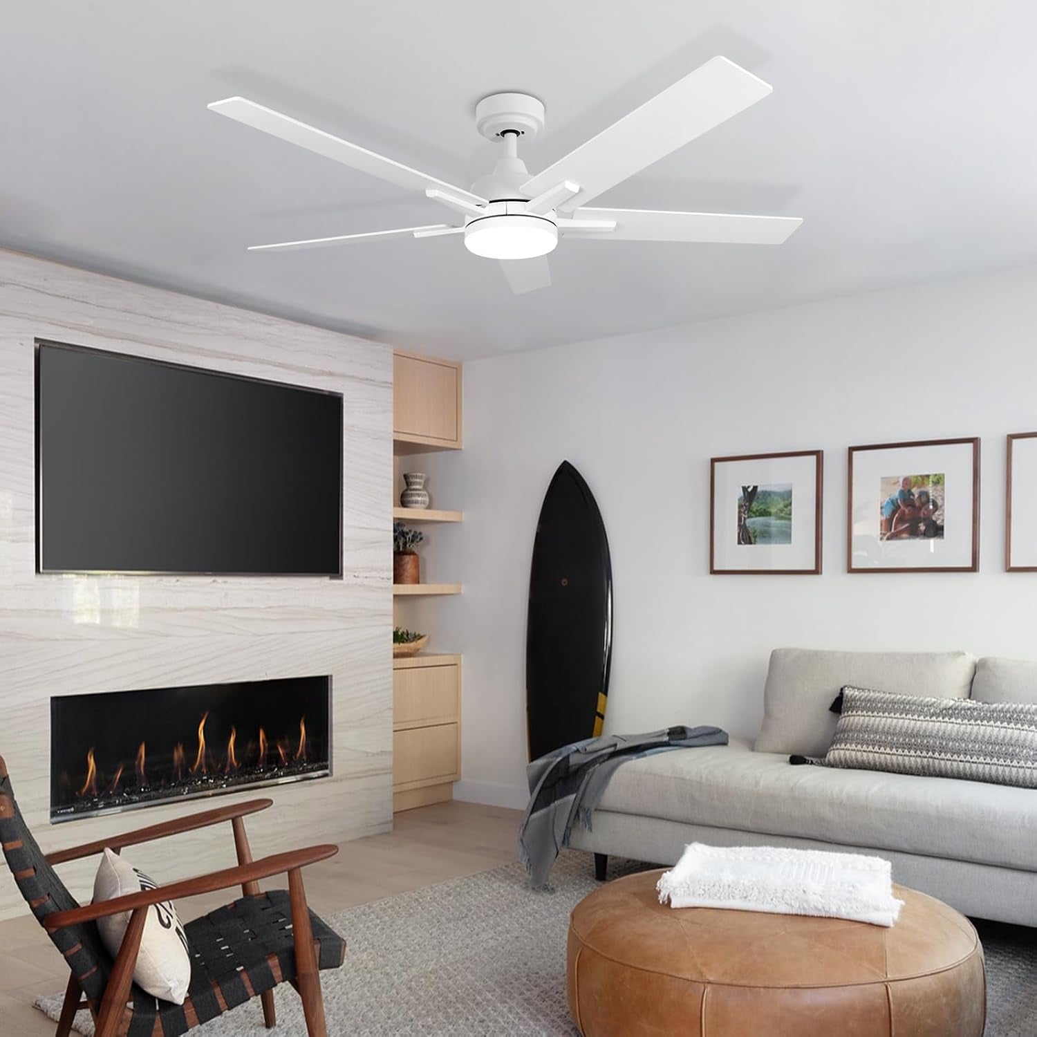 52 Inch Ceiling Fan, Smart Ceiling Fan with Remote/App, White Ceiling Fan with 6-Speeds Reversible Motor, Alexa Ceiling Fan with 5 Two-Sided Blades Dimmable Noiseless for Indoor Bedroom/Outdoor