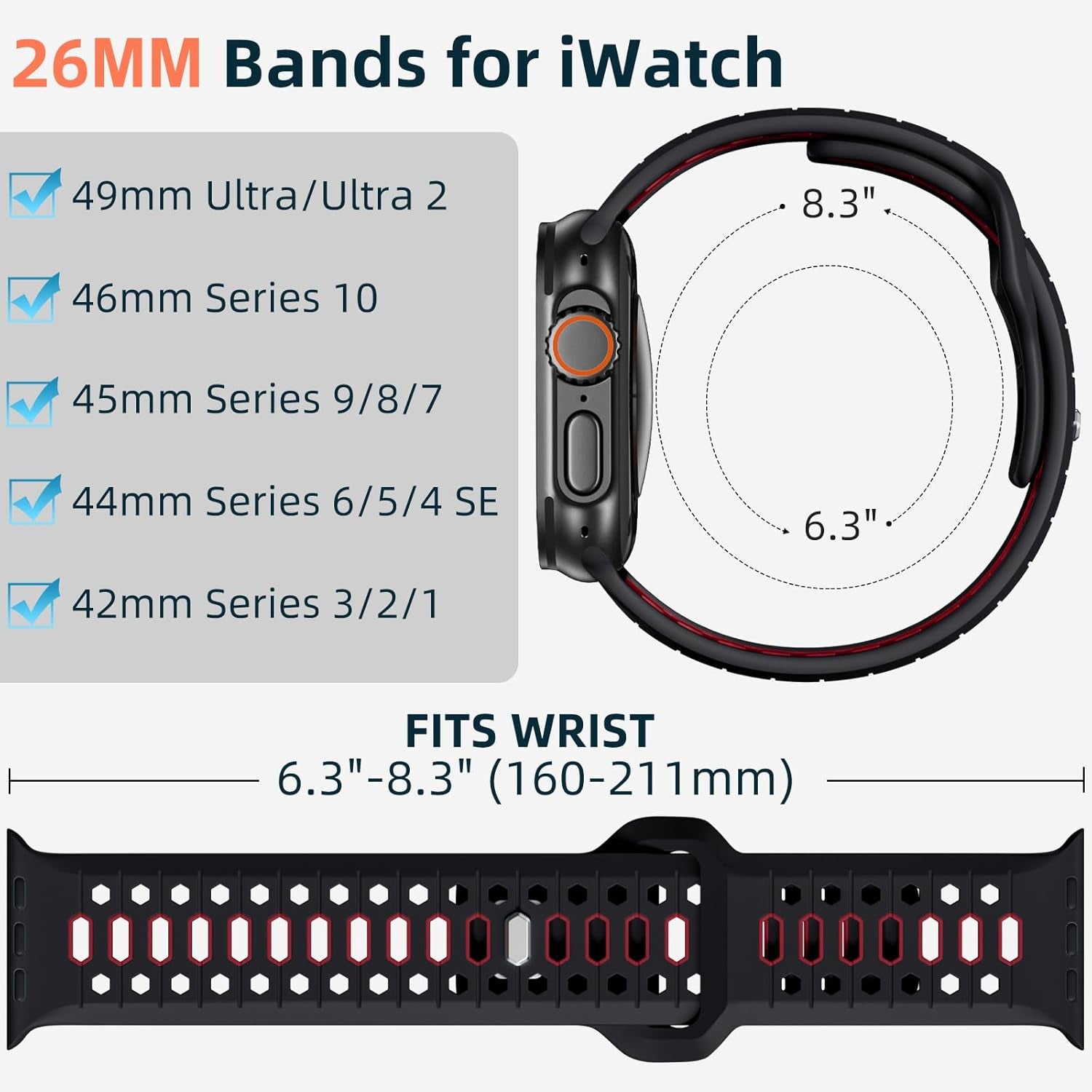 26MM Width Breathable Silicone Sport Band Compatible with 49Mm Apple Watch Ultra 2/1, 46Mm Series 10, 45Mm Series 9 8 7, 44Mm Series 6 5 4 SE 2/1, 42Mm Series 3 2 1