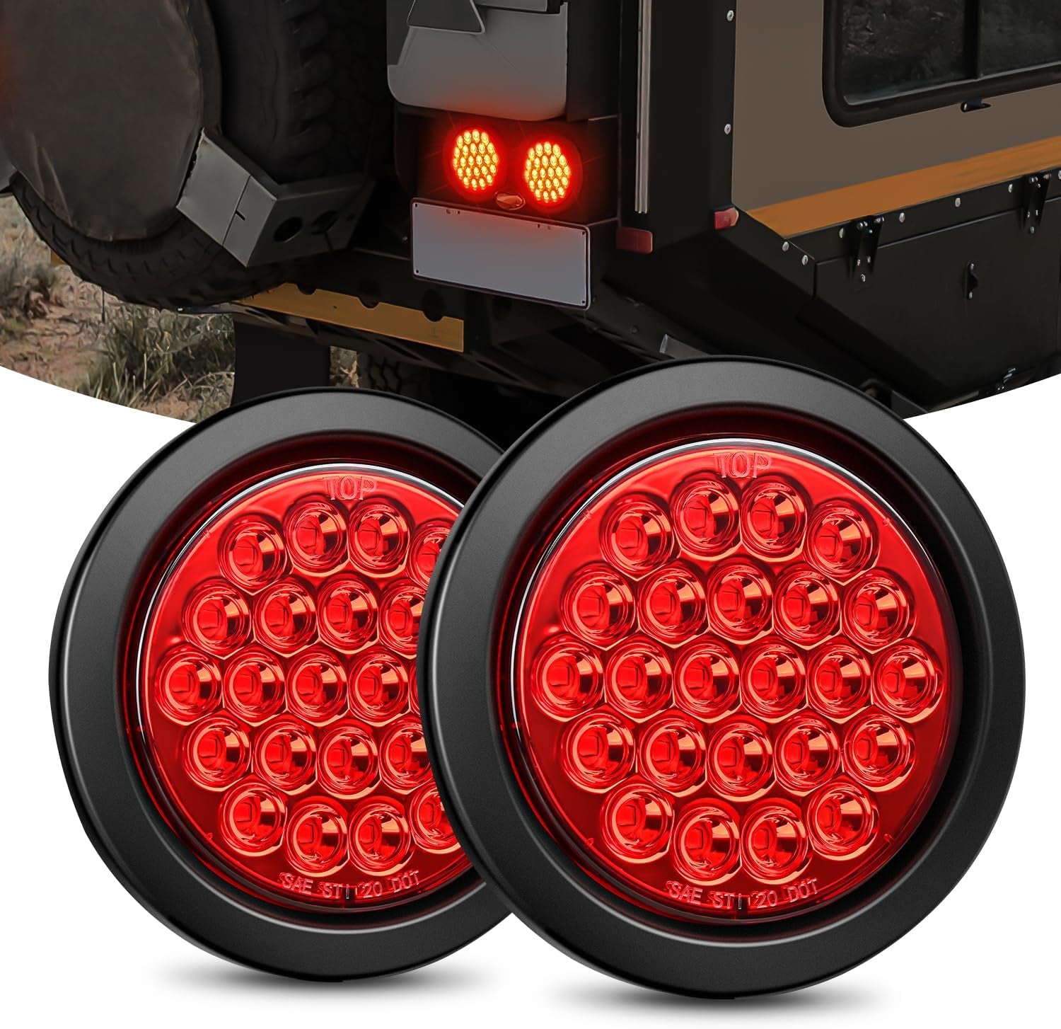 - TL-18 2PCS 4" round Red LED Trailer Tail Lights W/Surface Mount Grommet Plugs IP67 Stop Brake Turn Tail Lights for Truck Trailer RV Jeep