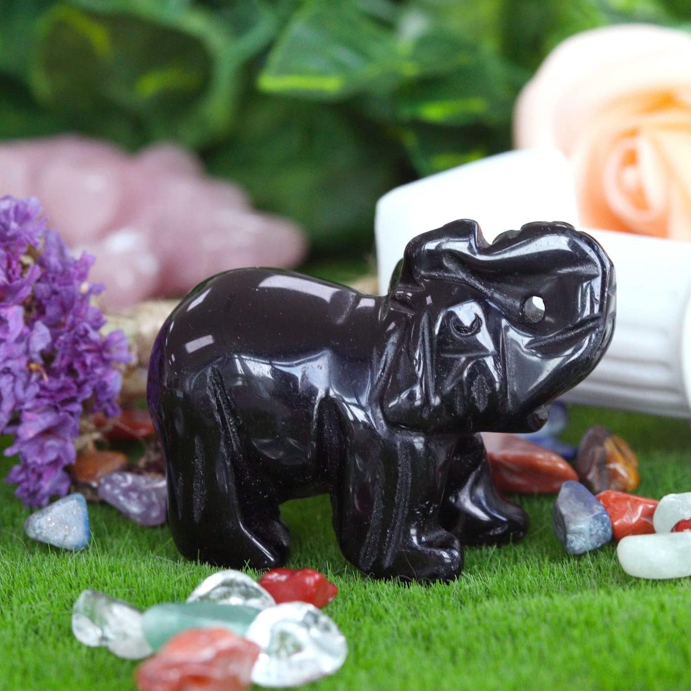 2" Black Obsidian Elephant Decor Healing Crystal Cute Polished Natural Stone Hand-Carved Big Sculpture Statue Figurines Gemstone Energy Hippie Home Room Office Desk Decoration Gifts for Women Men