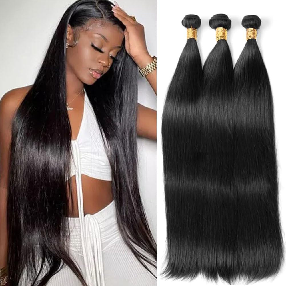 Straight Bundles Human Hair 24 26 28 Inch 3 Bundles Deals 12A Brazilian Weave Bundles Human Hair 100% Unprocessed Virgin Remy Double Machin Weft for Women Natural Black Color Hair Extensions