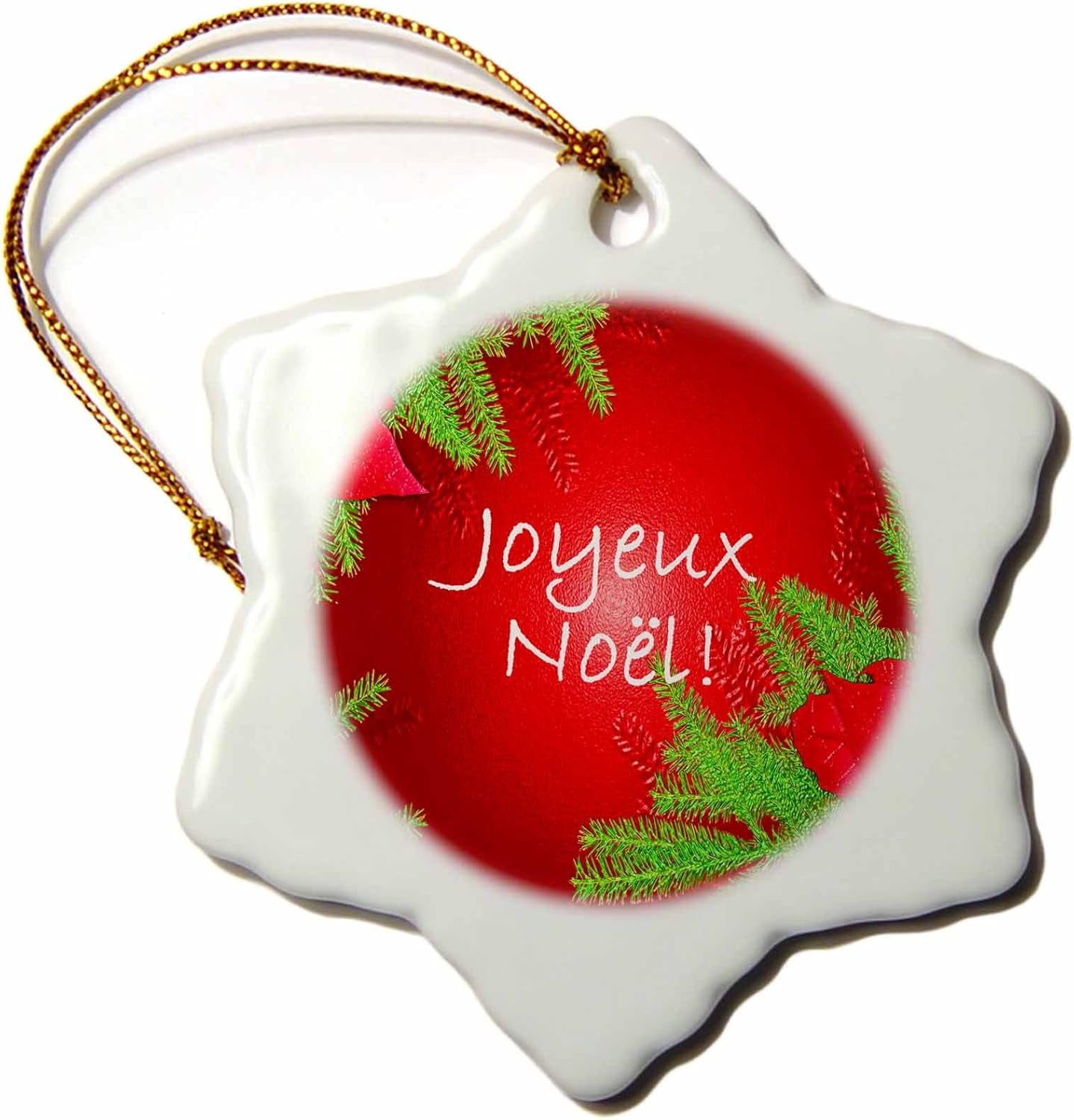 Orn_8686_1 Christmas Poinsettia Joyeux Noel in Red-Snowflake Ornament, Porcelain, 3-Inch
