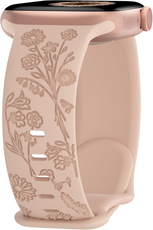 Flower Engraved Silicone Band Compatible with Apple Watch Band 38Mm 40Mm 41Mm 42Mm 44Mm 45Mm 46Mm 49Mm, Women Soft Floral Strap Sport Wristbands for Iwatch Series 10/9/8/7/6/5/4/3/2/1/Se/Ultra