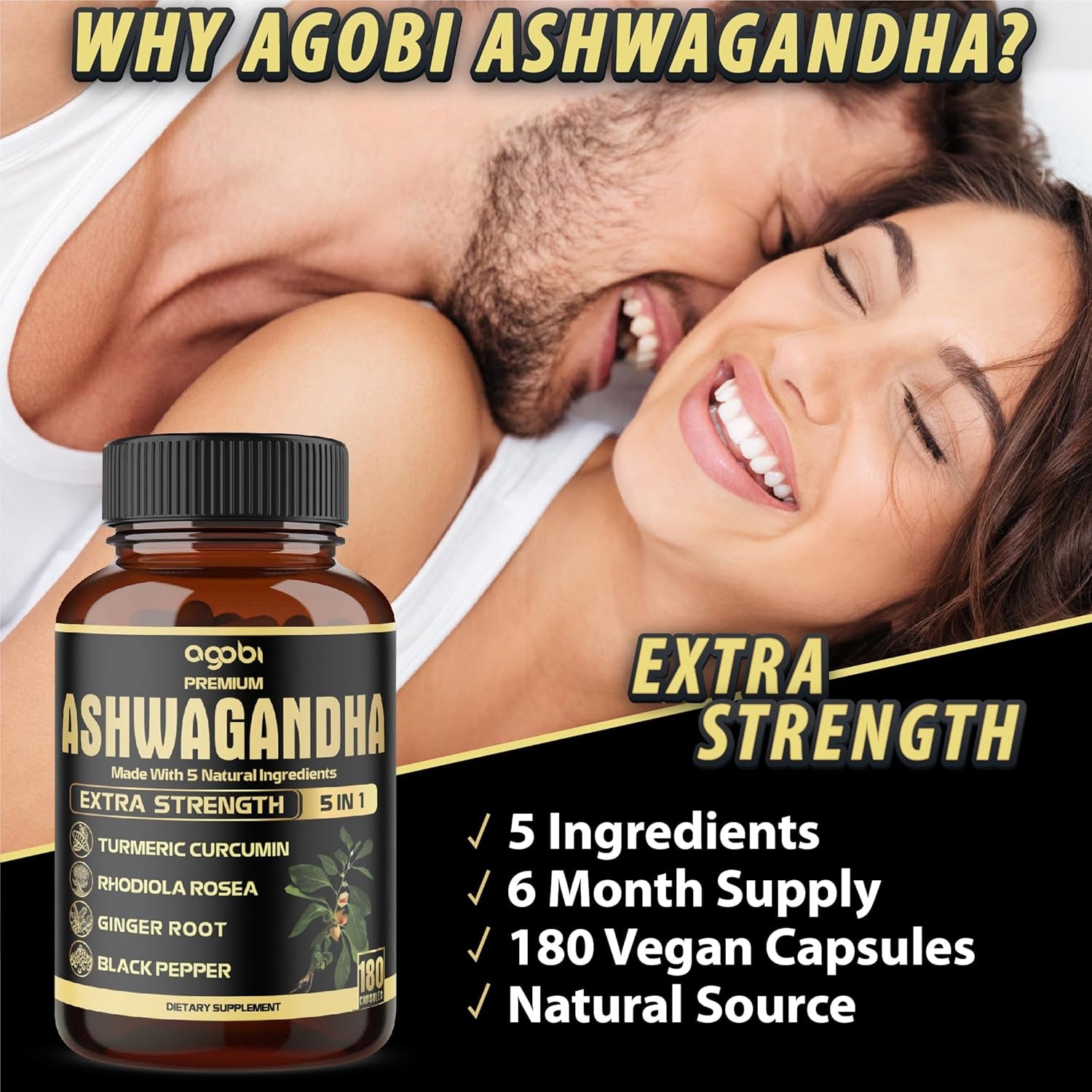 5In1 Premium Ashwagandha Capsules - Added Turmeric, Rhodiola Rosea, Ginger, Black Pepper - Strength, Spirit & Immune Support - 180 Caps for 6 Months TLBH