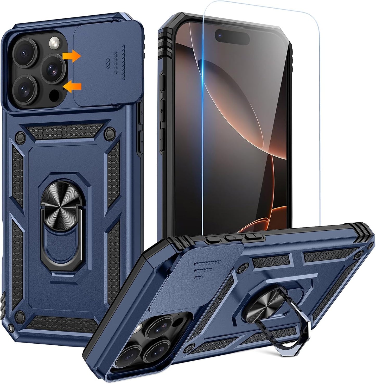 Compatible for Iphone 16 Case with Screen Protector - Slide Camera Cover Protective Phone Case with Ring Stand, Heavy Duty Shockproof Rugged Bumper for Iphone 16 Accessories Blue