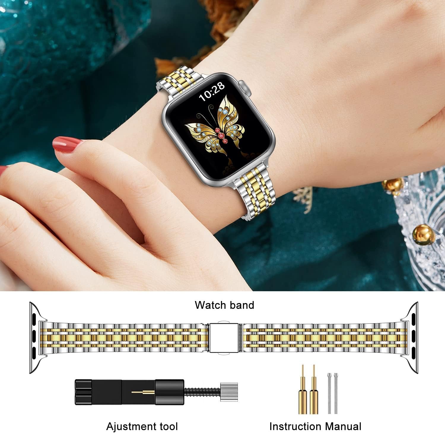 Slim Metal Band Compatible with Apple Watch Band 41Mm 40Mm 38,Mm,Dressy Stainless Steel Chain Strap for Women Iwatch Bands Series 9 8 7 6 5 4 3 2 1 Se,Silver/Gold