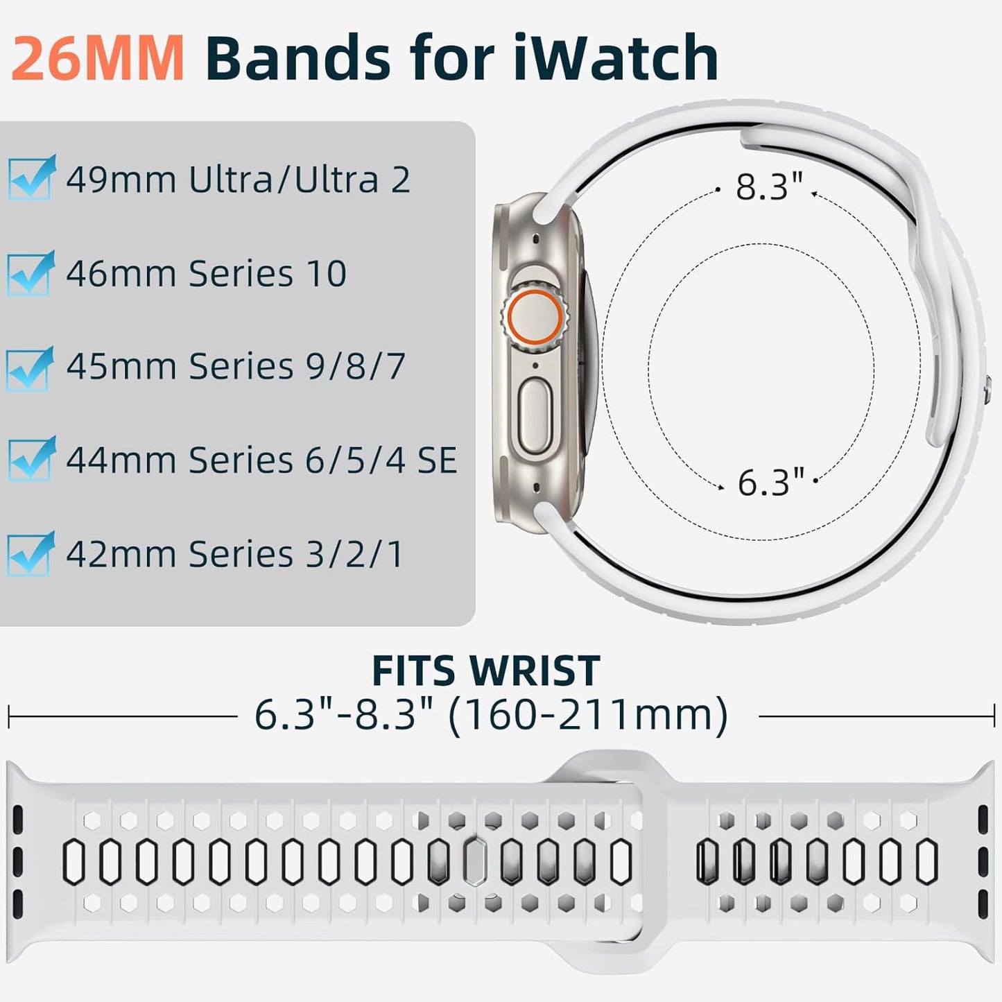 26MM Rugged Breathable Silicone Sport Band Compatible with 49Mm Apple Watch Ultra 2/1, 46Mm Series 10, 45Mm Series 9 8 7, 44Mm Series 6 5 4 SE 2/1, 42Mm Series 3 2 1