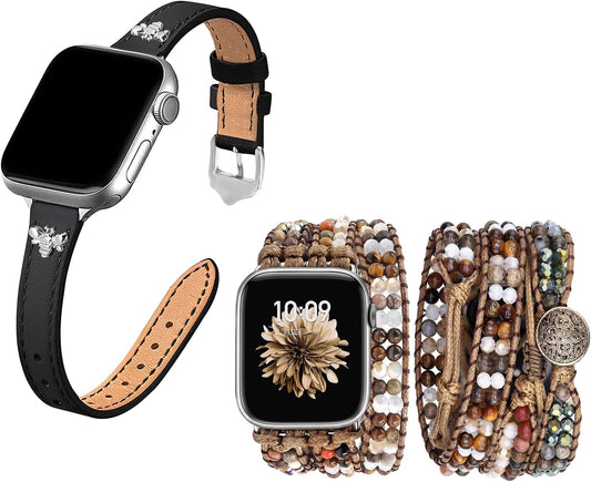 Elegant Slim Leather Bands Boho Beaded Watch Band Bundle Compatible with Apple Watch 38Mm 40Mm 41Mm 42Mm 44Mm 46Mm 45Mm 49Mm Women for Iwatch Series 10/9/8/7/6/5/4/3/2/1/Se/Ultra