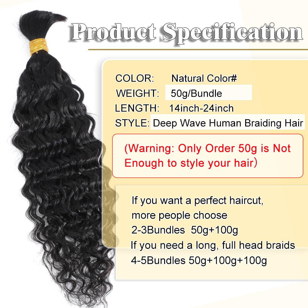 Human Braiding Hair 20 Inch Deep Wave Bulk Human Hair for Braiding No Weft 100% Unprocessed Curly Micro Human Hair Braiding Hair Extensions for Boho Braids Wet and Wave 50G1Bundle/Pack #Natural Color