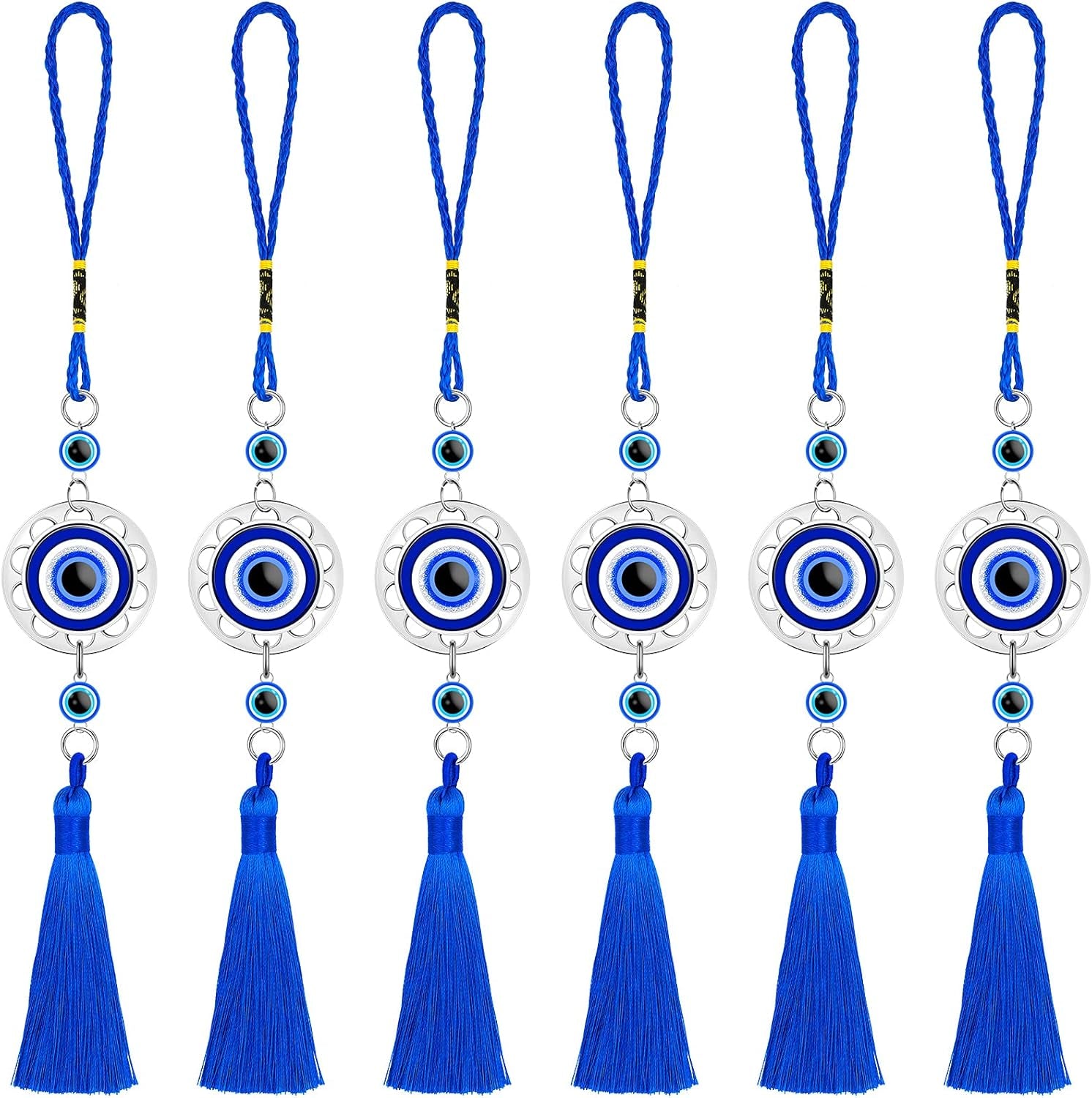 Lucky Evil Eye Car Hanging Ornament Blue Resin Evil Eye Beads Charm Pendant Blue Eyes Tassel Rear View Mirror Hanging Accessories Evil Eye Protection Pedant Charms for Car Home Decors (6 Pieces)