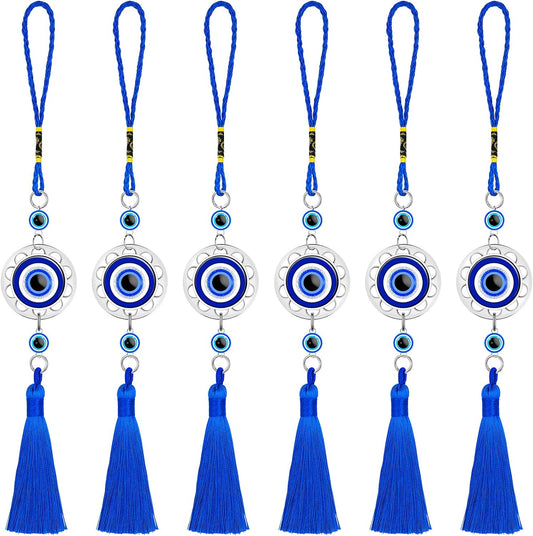 Lucky Evil Eye Car Hanging Ornament Blue Resin Evil Eye Beads Charm Pendant Blue Eyes Tassel Rear View Mirror Hanging Accessories Evil Eye Protection Pedant Charms for Car Home Decors (6 Pieces)