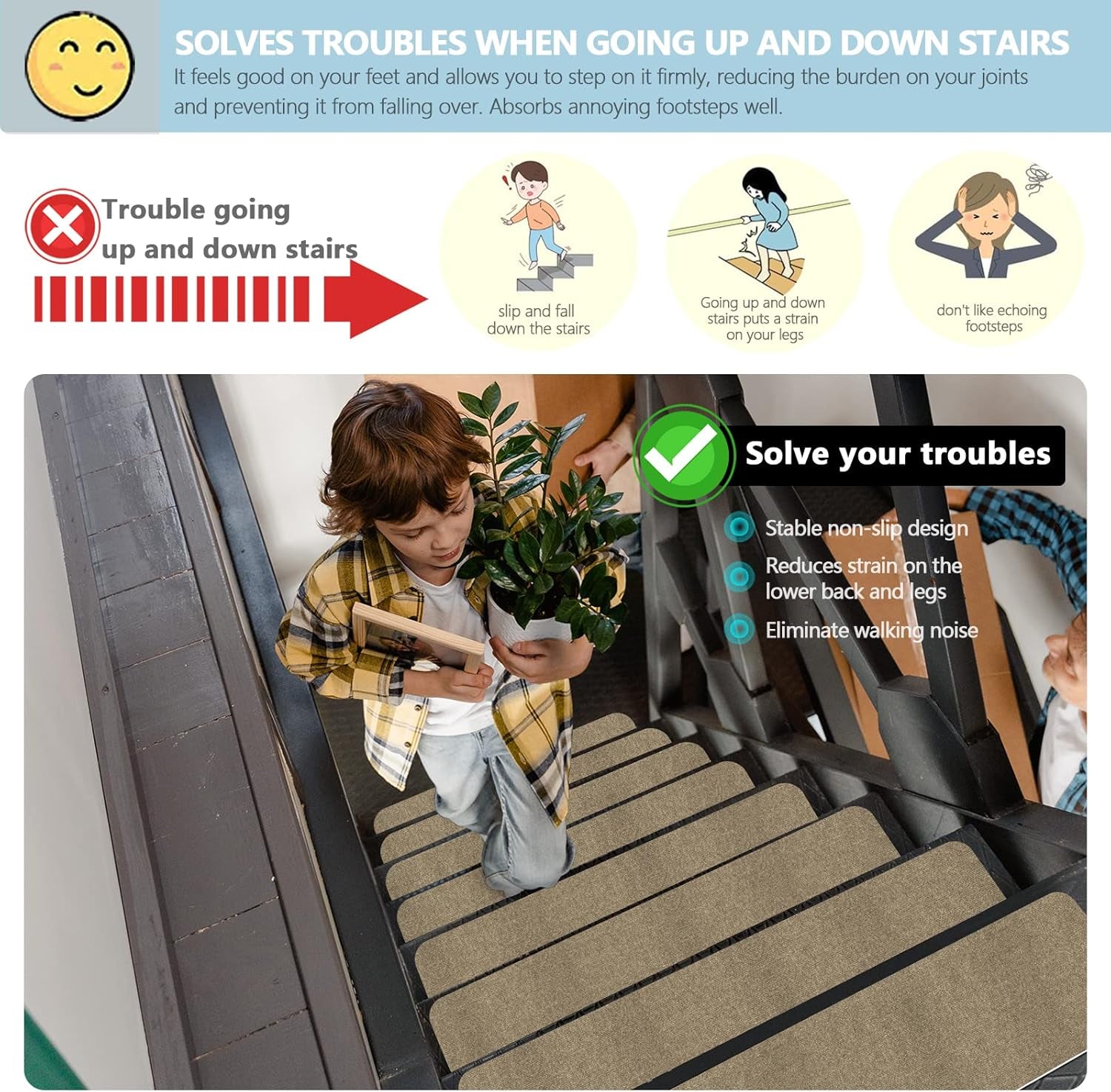 8" X 30" (15 in Pack) Non-Slip Stair Treads Carpet for Wooden Steps, Self-Adhesive Stair Treads Mat, Safety Indoor Stair Runner Mats, anti Slip Stair Rugs for Kids Elders and Dogs，Moca