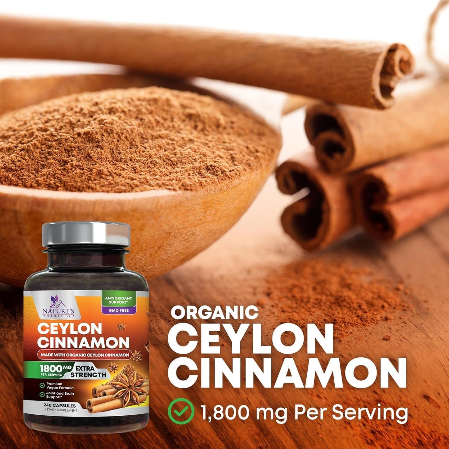 Organic Ceylon Cinnamon Supplement 1800Mg - Certified Organic Ceylon Cinnamon Powder Pills - Energy & Heart Support for Women & Men, Bottled in USA, Antioxidant, Gluten Free, Non-Gmo - 240 Capsules TLBH